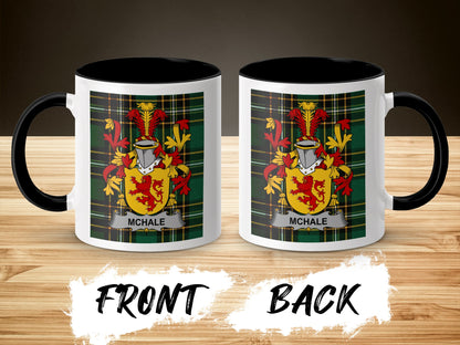 Two mugs showing a McHale coat of arms on a plaid background.