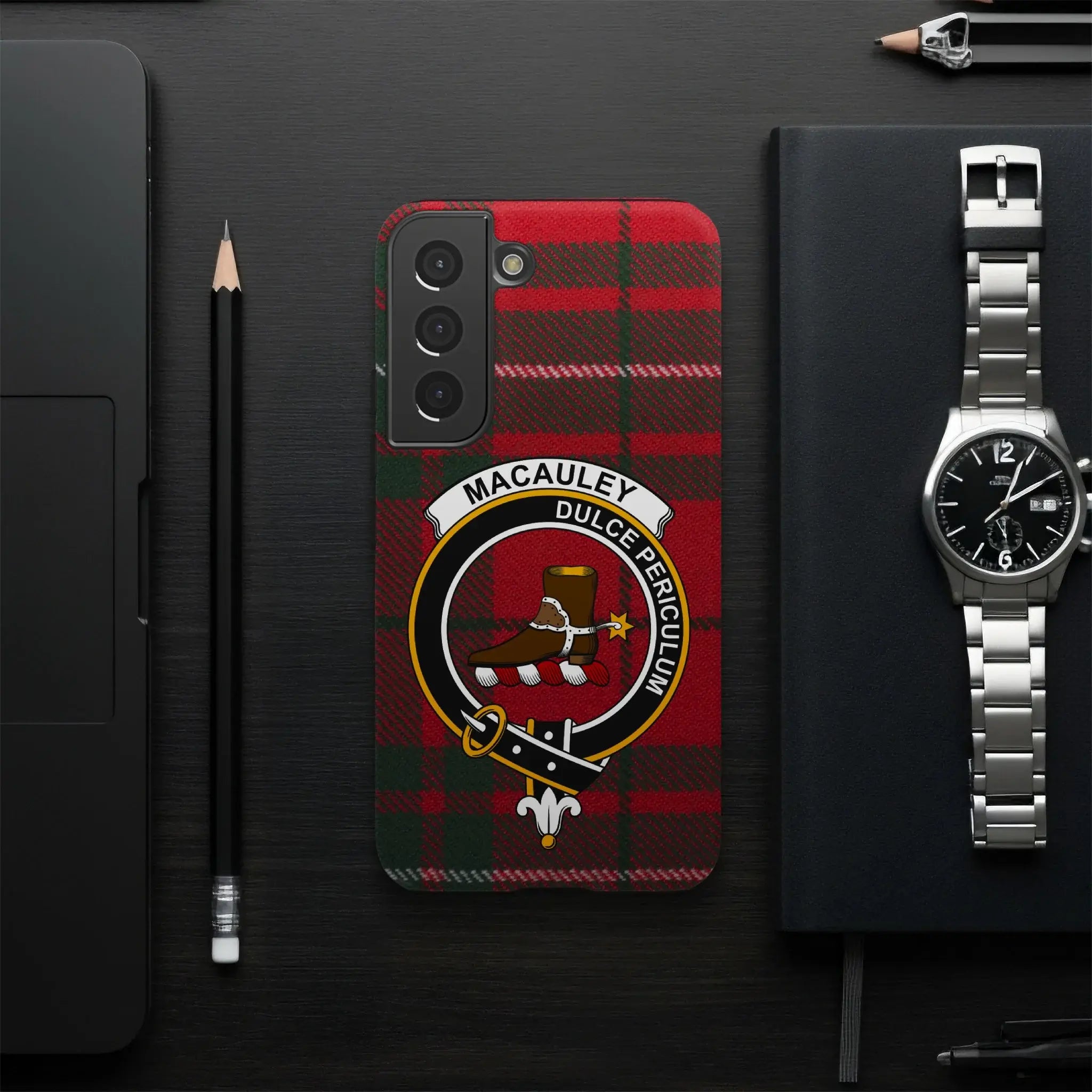 Clan MacAulay Dulce Periculum tartan phone case — Samsung Galaxy fit, slim glossy impact-resistant