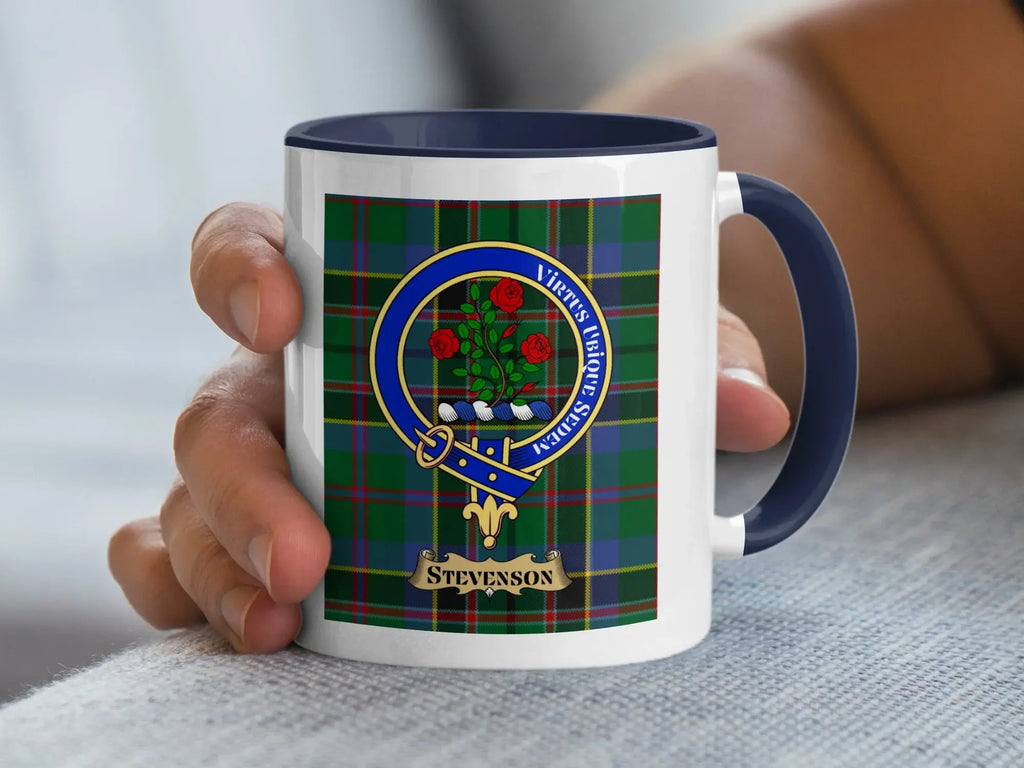 Stevenson family crest coffee mug with a tartan-background design
