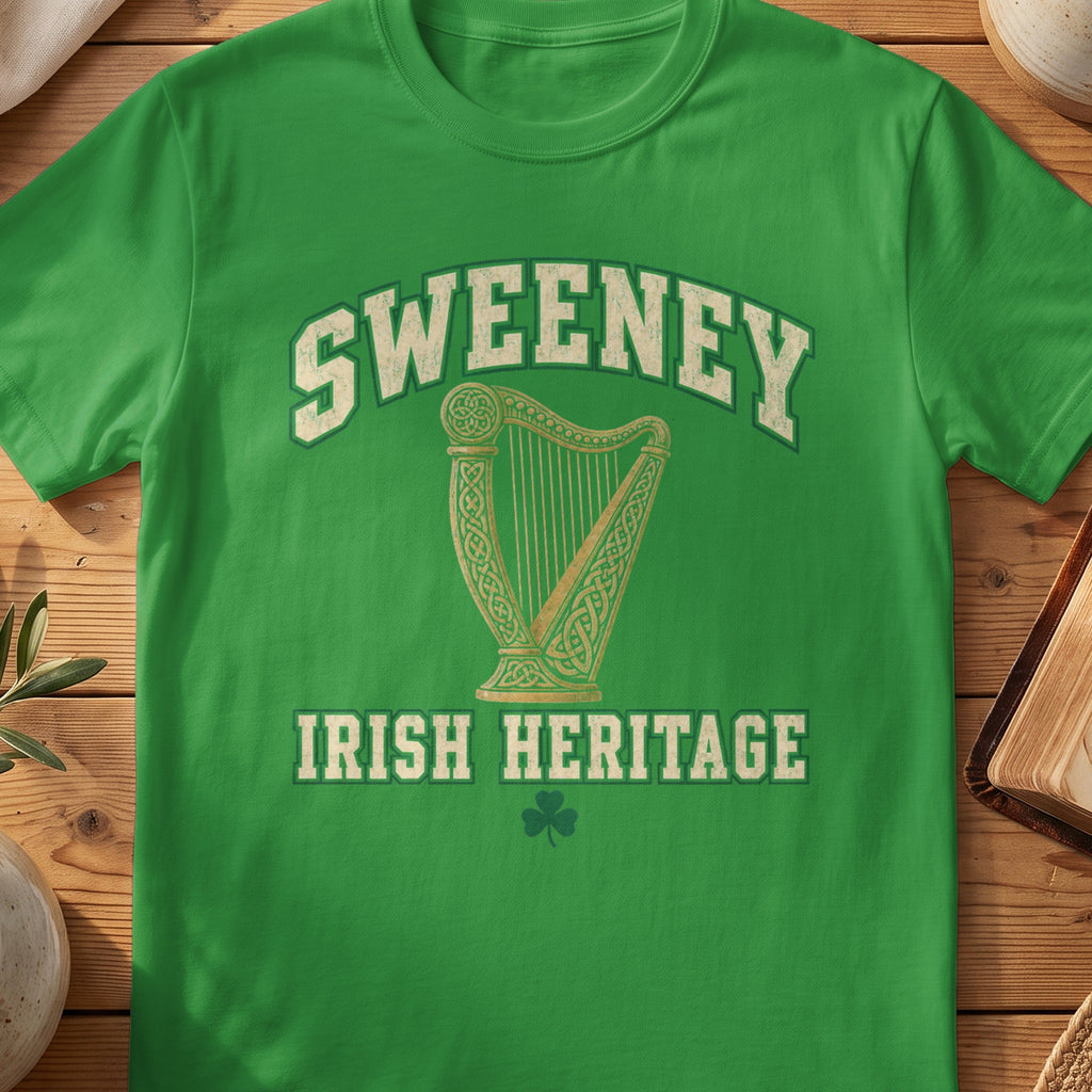 Sweeney Irish Heritage green Gildan 64000 T-shirt with Celtic harp design