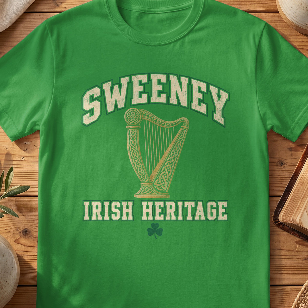 Sweeney Irish Heritage green Gildan 64000 T-shirt with Celtic harp design
