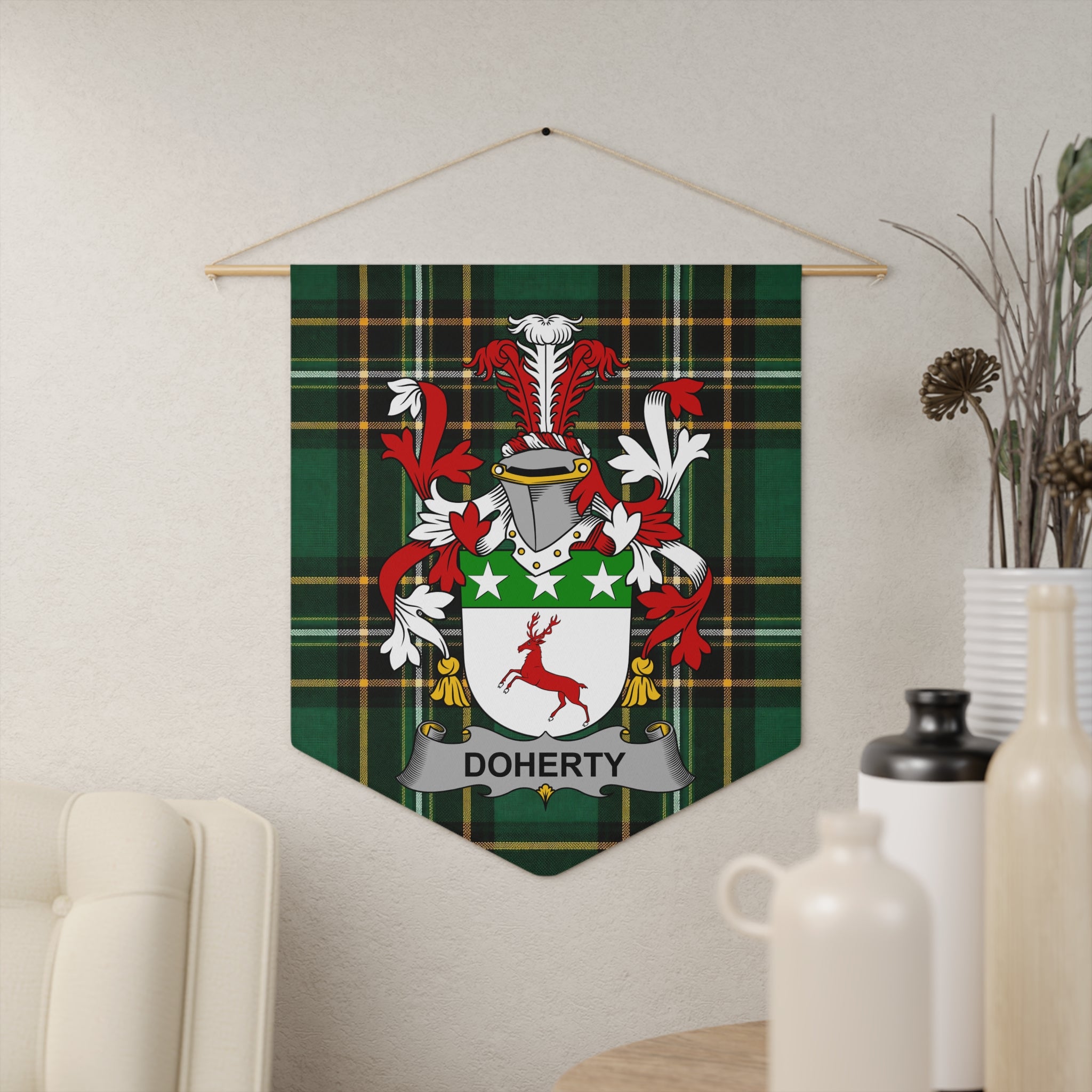 Doherty family crest on green tartan fabric banner hanging on wall.