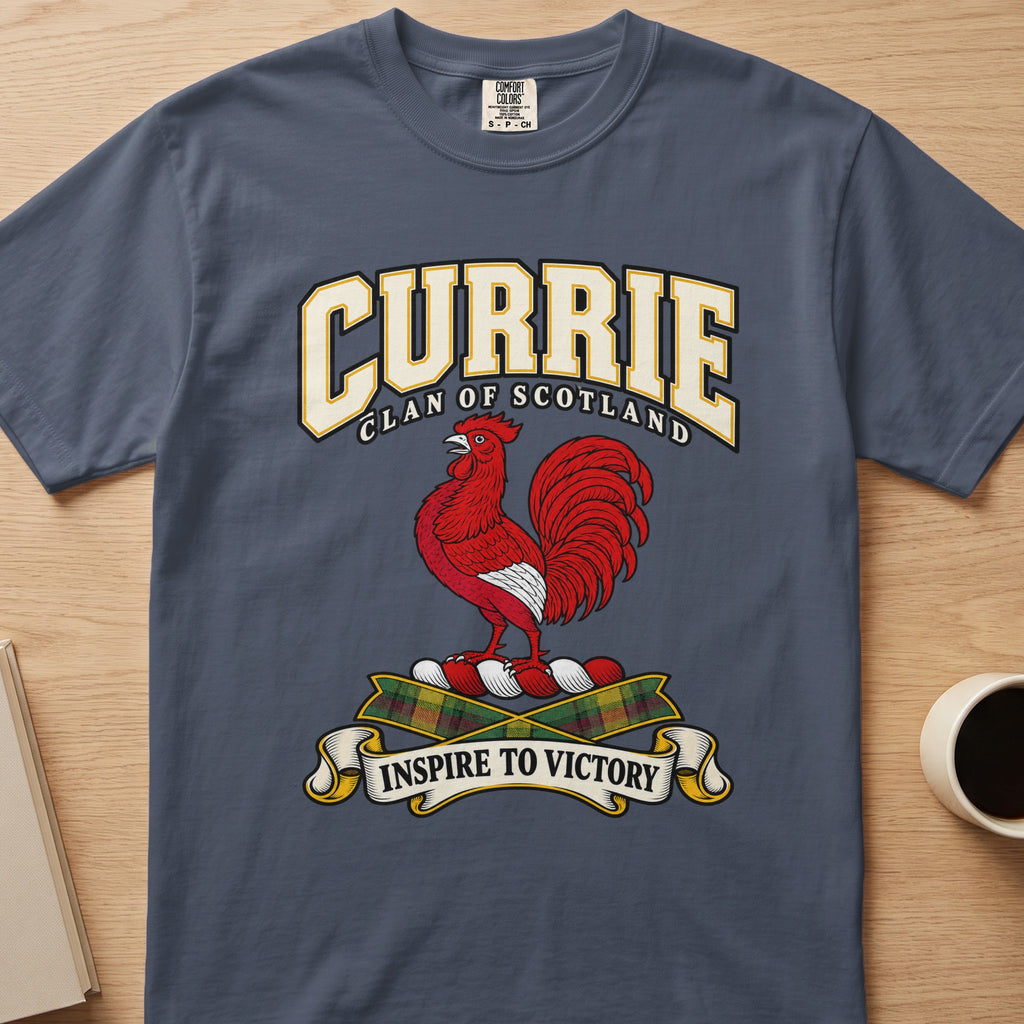 Currie clan crest with red rooster on a slate blue Comfort Colors T-shirt, front view