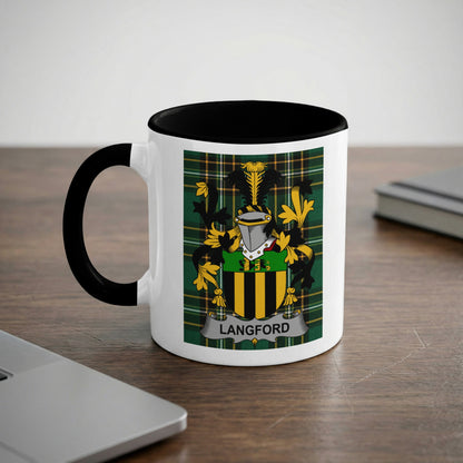 Mug with Langford family crest on a dark wood desk.