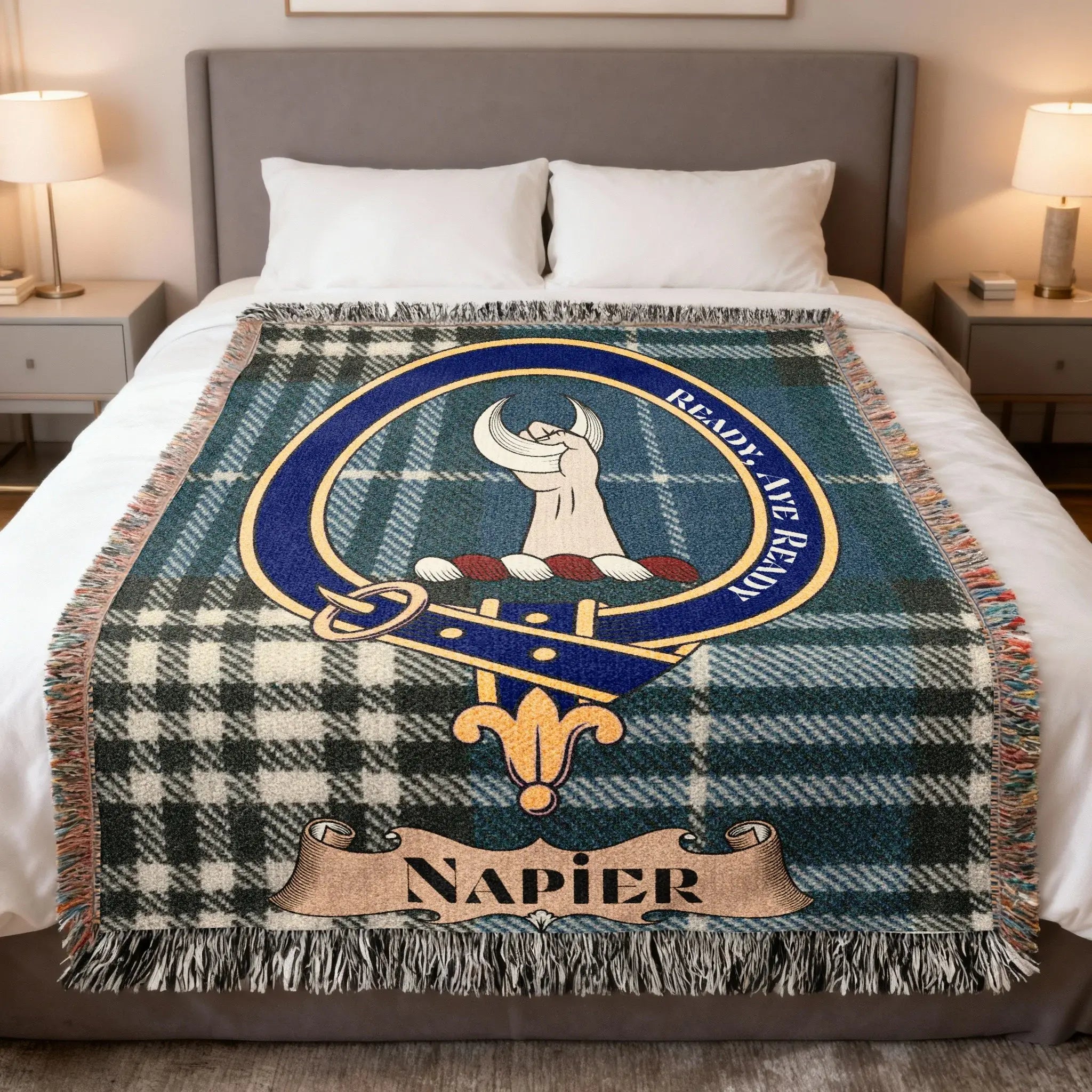 Clan Napier tartan woven blanket — 100% cotton with crest and tartan detail