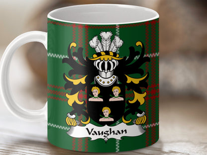 Vaughan Family Crest on Welsh National Tartan Mug - Living Stone Gifts