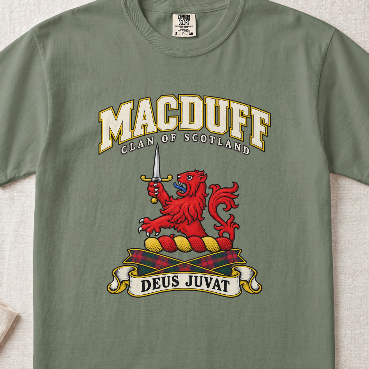MacDuff Scottish clan T-shirt in Moss, front view with a red lion holding an upright dagger and motto design.