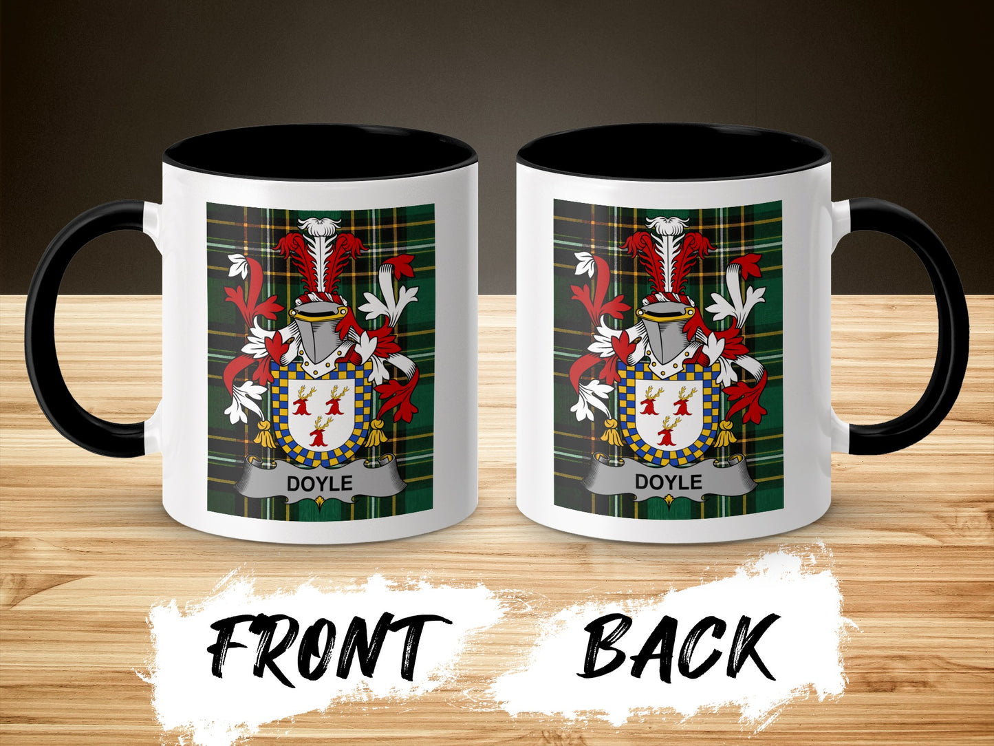 Doyle family crest on black and white ceramic mug, front and back views.