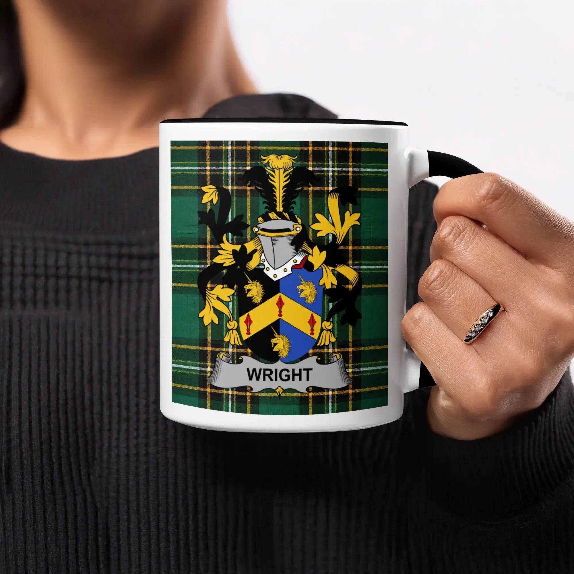 Mug featuring the Wright family crest on a green tartan background.