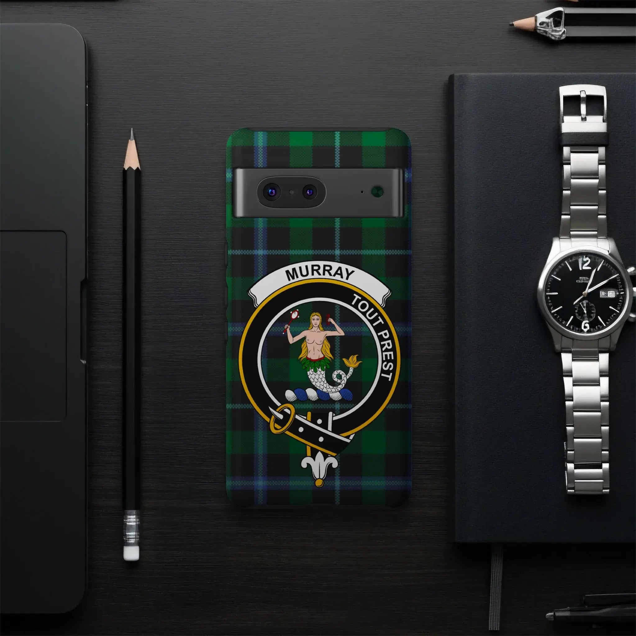 Murray clan Tout Prest tartan phone case rear view — mermaid crest on glossy wrap print