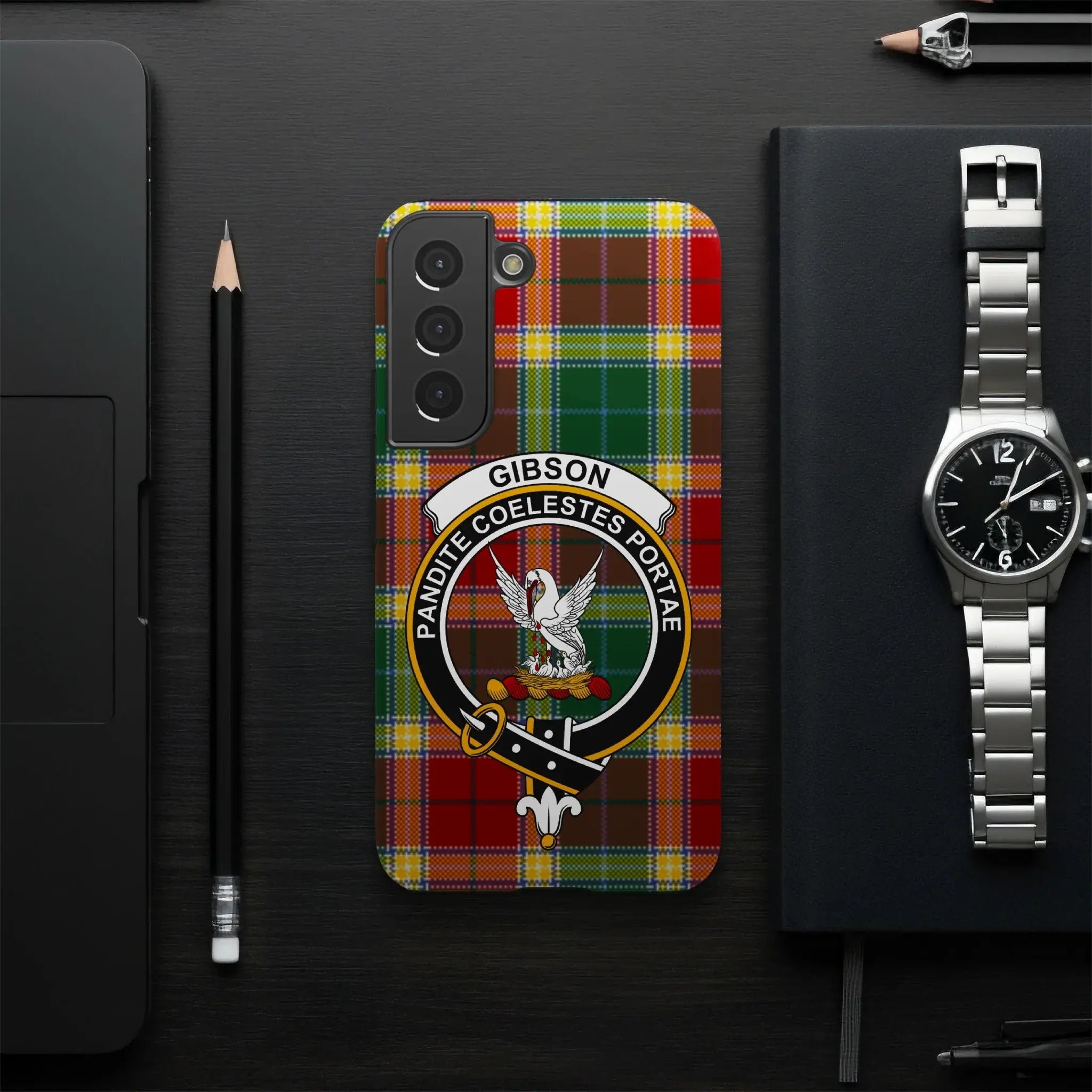 Gibson Clan Tartan Phone Case with Crest Design