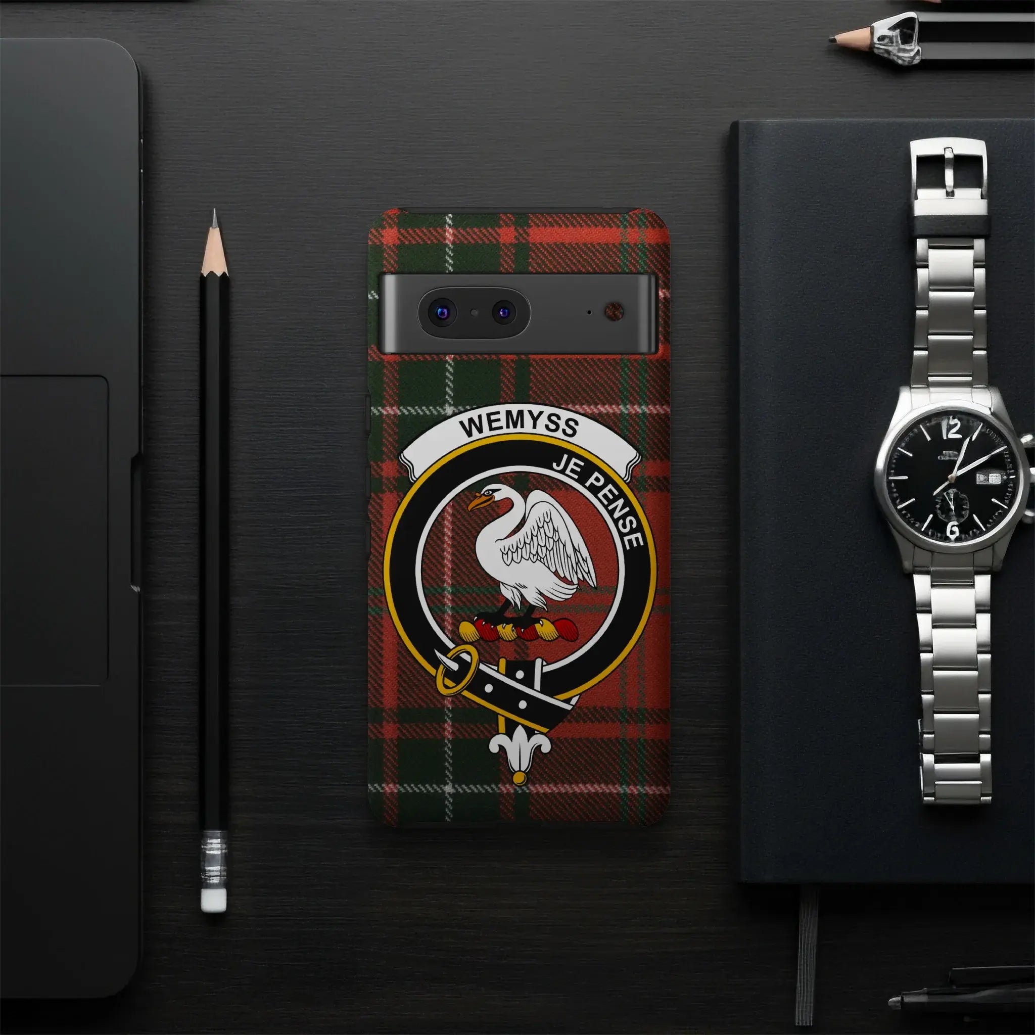 Wemyss je pense plaid phone case Scottish heritage cover — Google Pixel shown