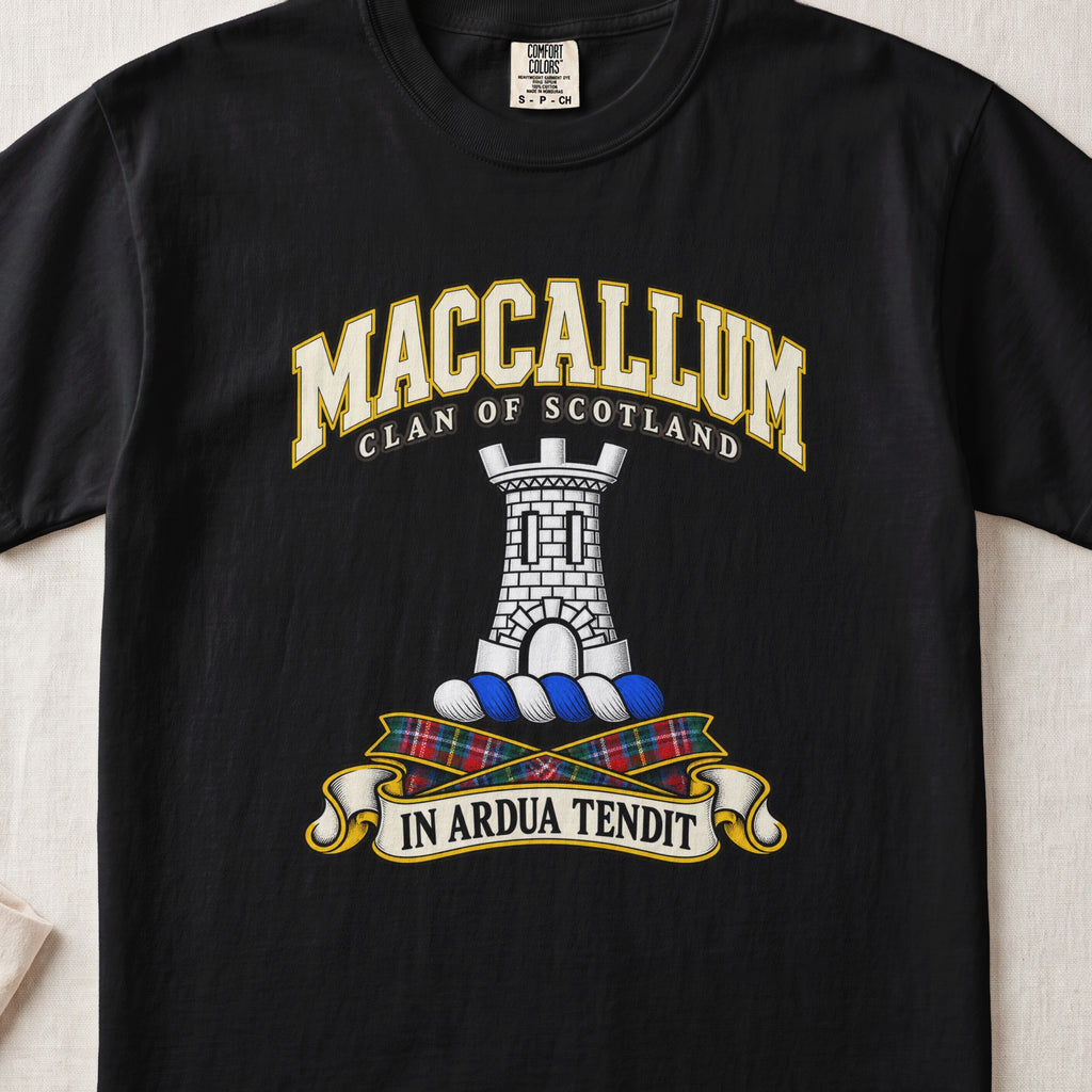 MacCallum Scottish clan T-shirt in Black, front view with a silver stone tower and motto design.