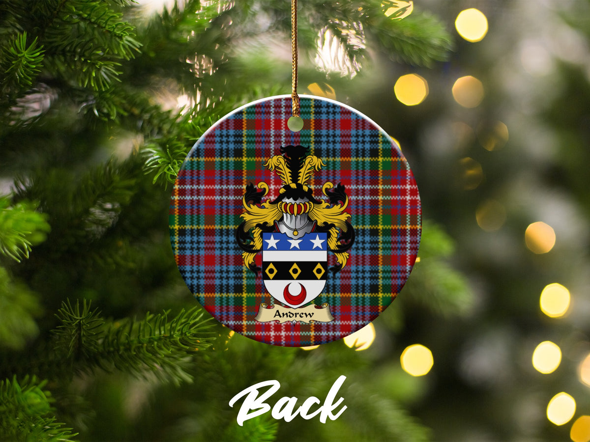 Double-sided Andrew ceramic ornament with family shield and Caledonia tartan background