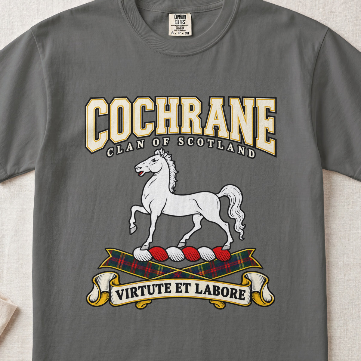 Cochrane Scottish clan graphic T-shirt in Pepper, front view