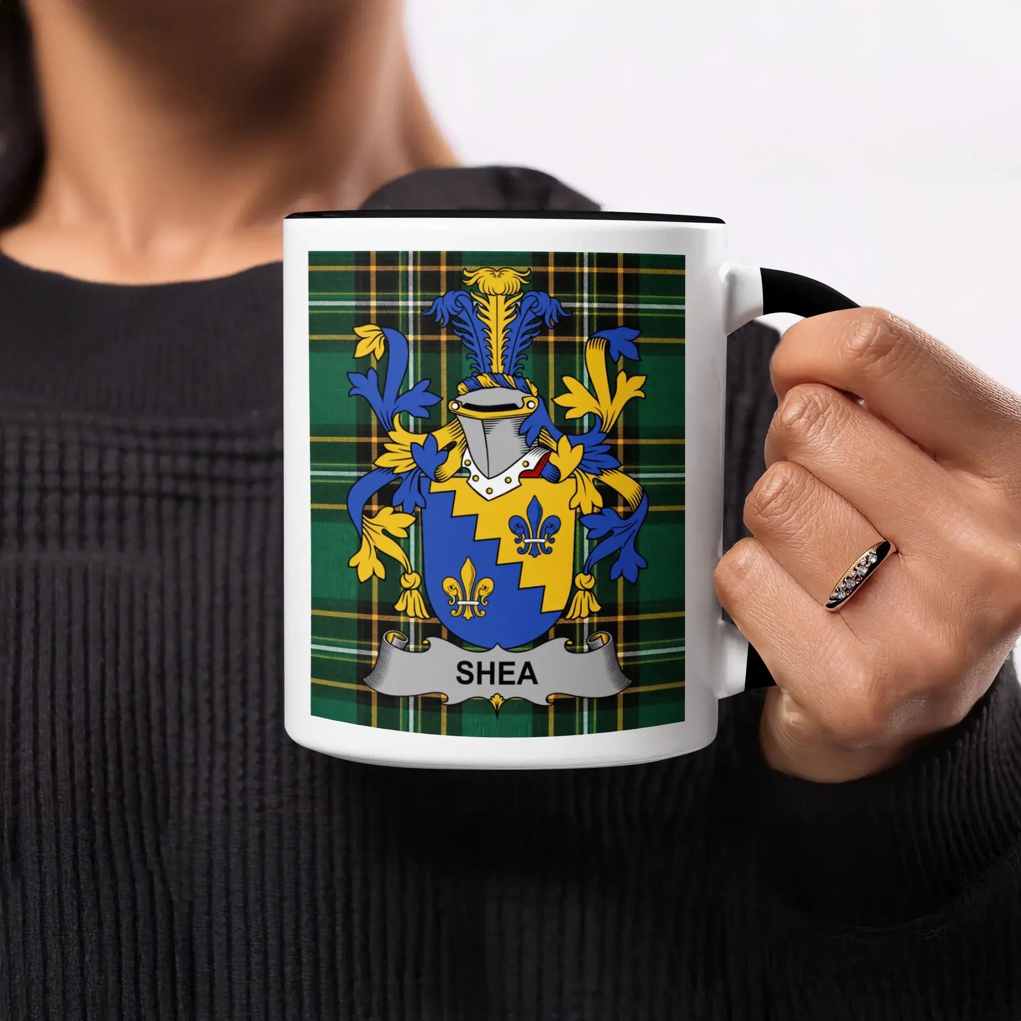 Shea Irish heritage mug with black interior and family crest
