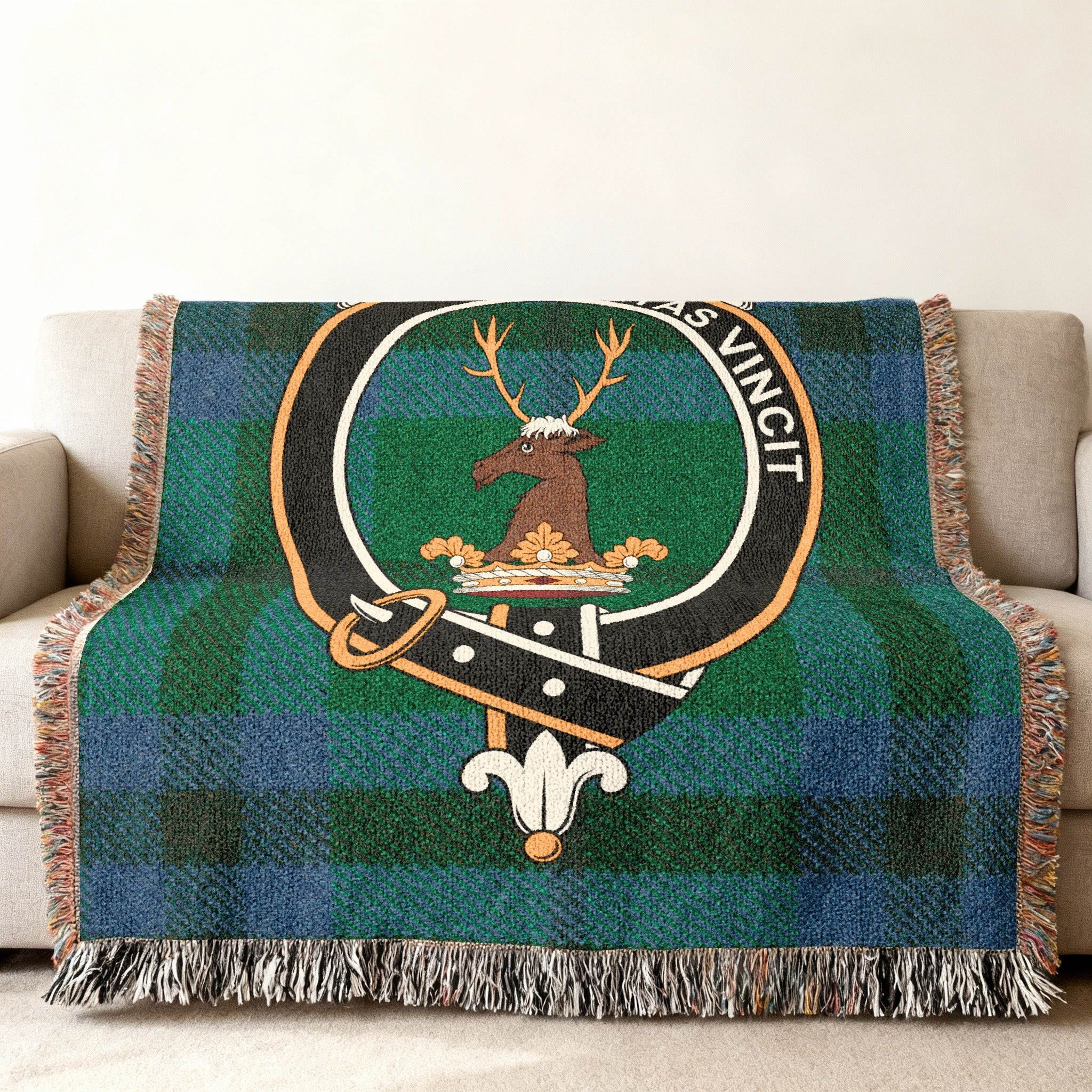 Keith clan crest highland tartan woven throw blanket for couch — cotton with fringe
