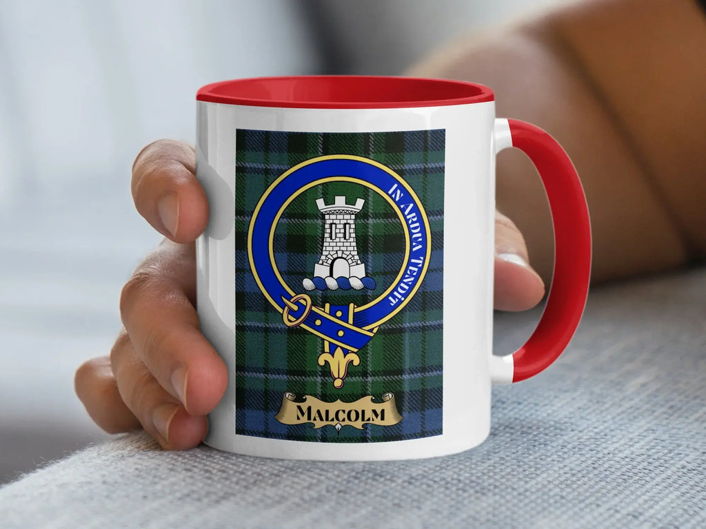 Malcolm clan tartan mug with castle tower emblem — accent ceramic with In Ardua Tendit clan motto