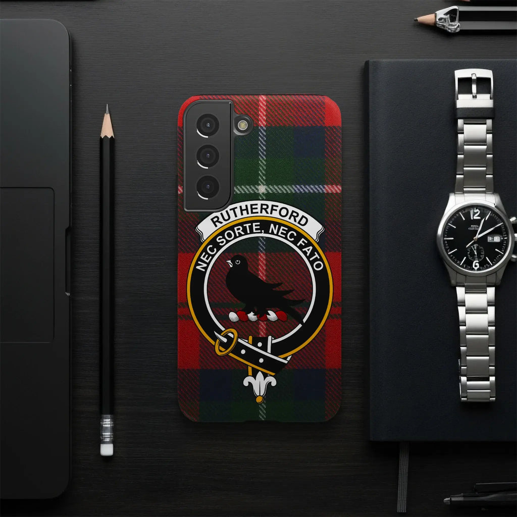 Rutherford Nec Sorte Nec Fato tartan phone case — edge-to-edge print, slim glossy build on iPhone