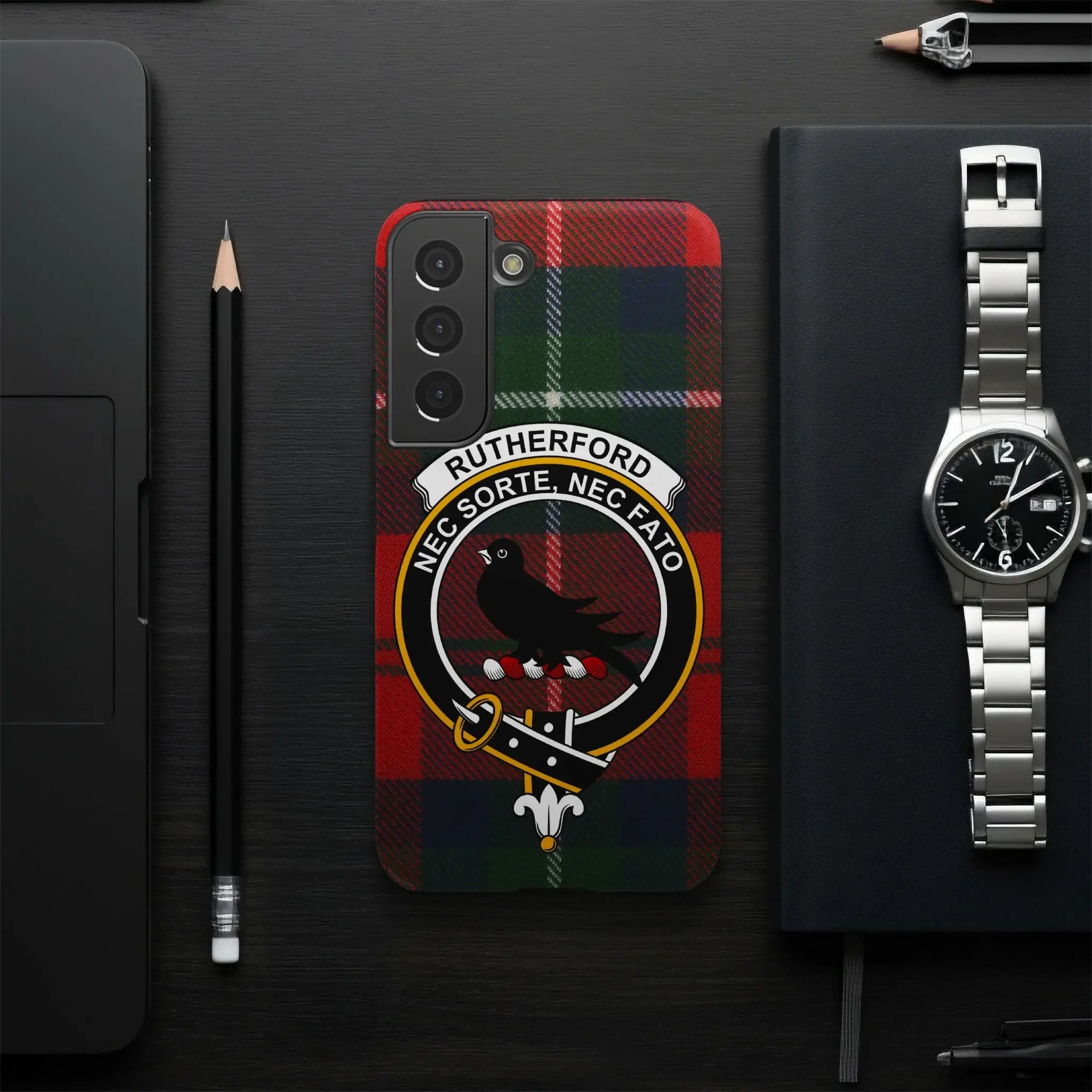 Rutherford Nec Sorte Nec Fato tartan phone case — edge-to-edge print, slim glossy build on iPhone