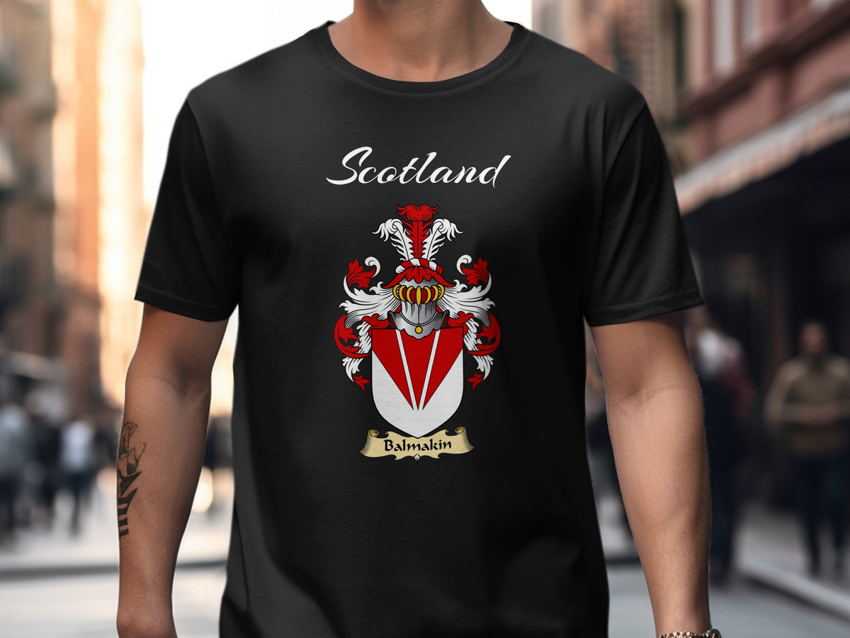 Balmakin Scottish family shield design on Black T-shirt