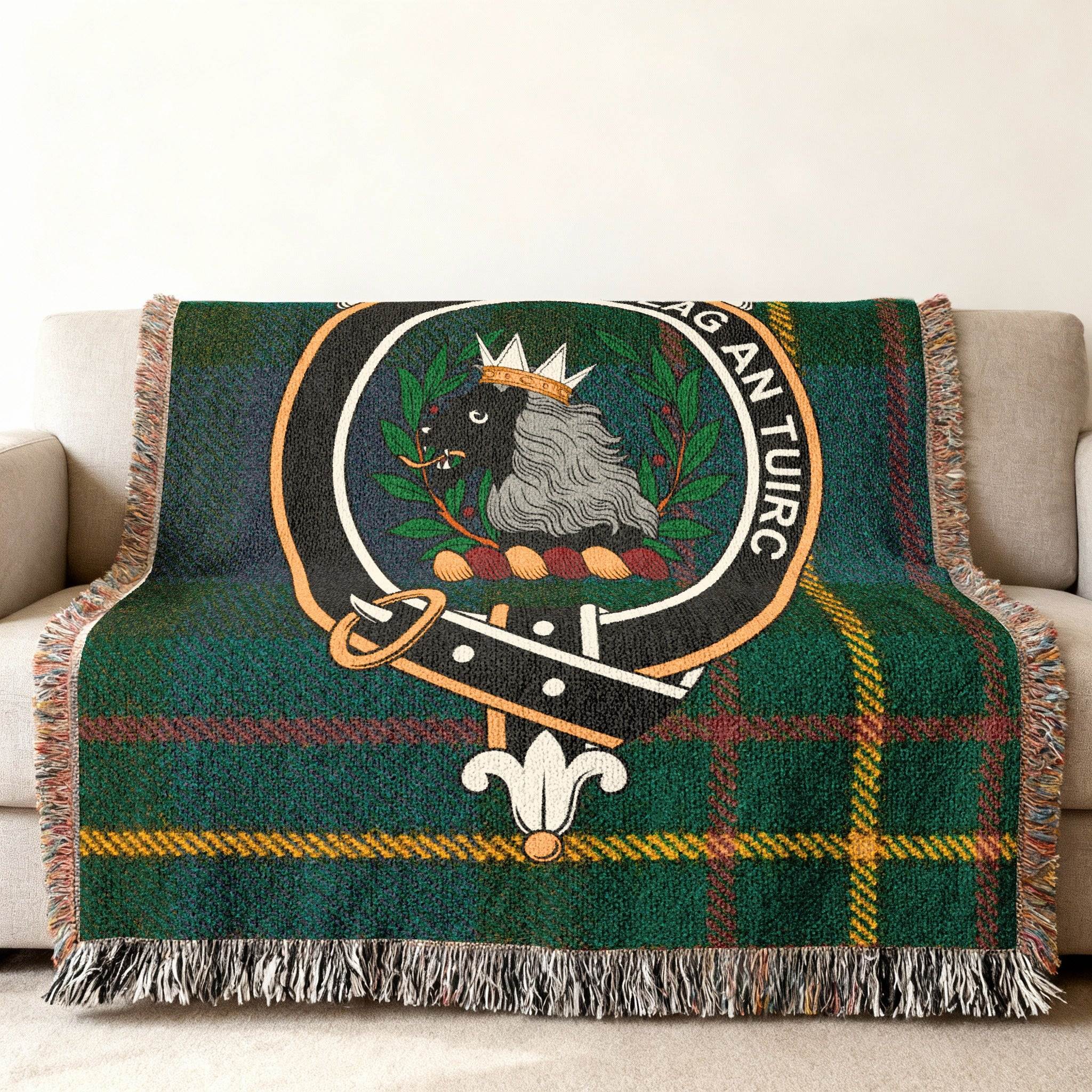 MacLaren Scottish tartan woven blanket laid flat — full clan crest and tartan pattern view
