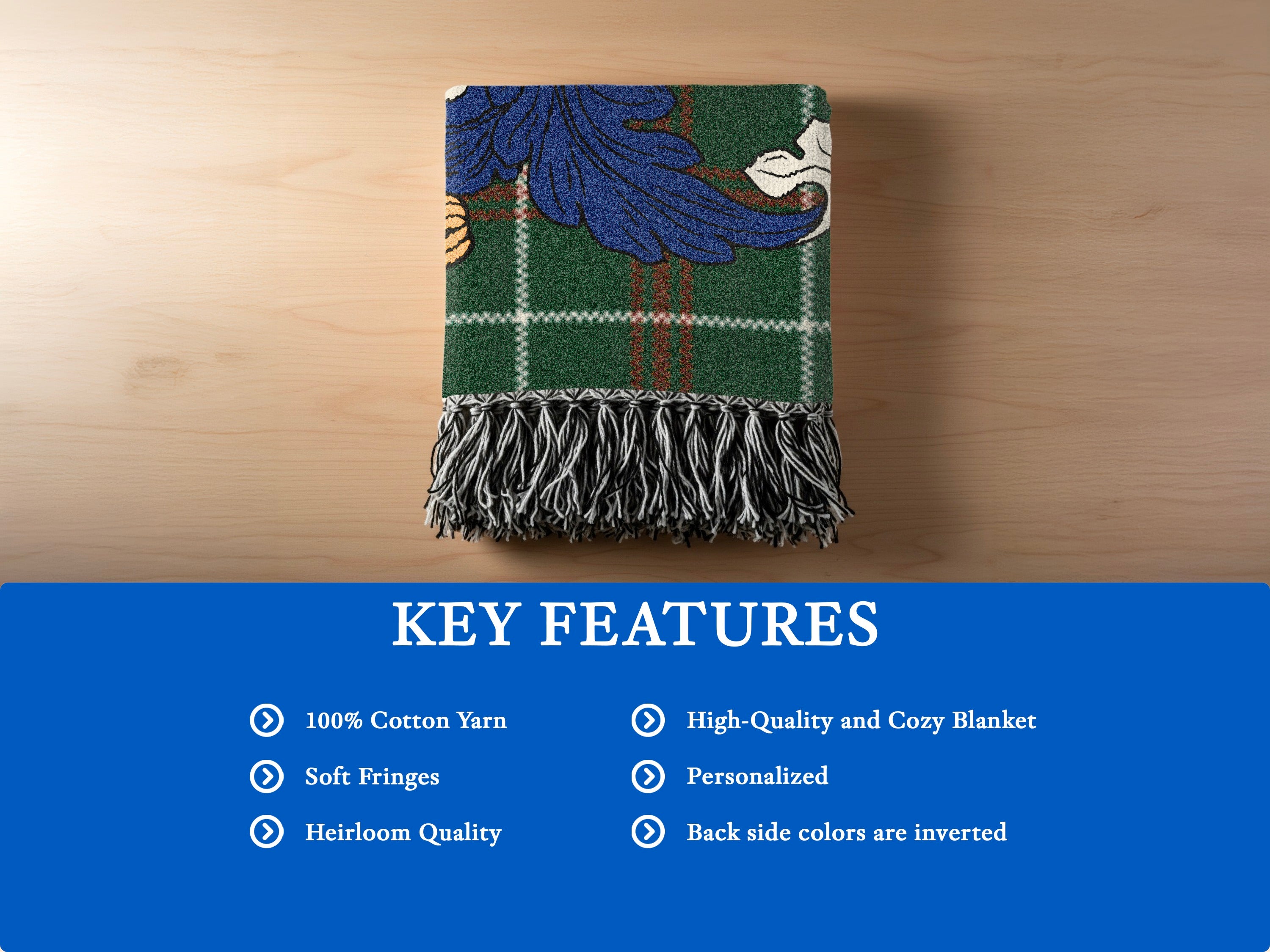 Green plaid throw blanket with fringe, featuring key features list and embroidered floral detail.
