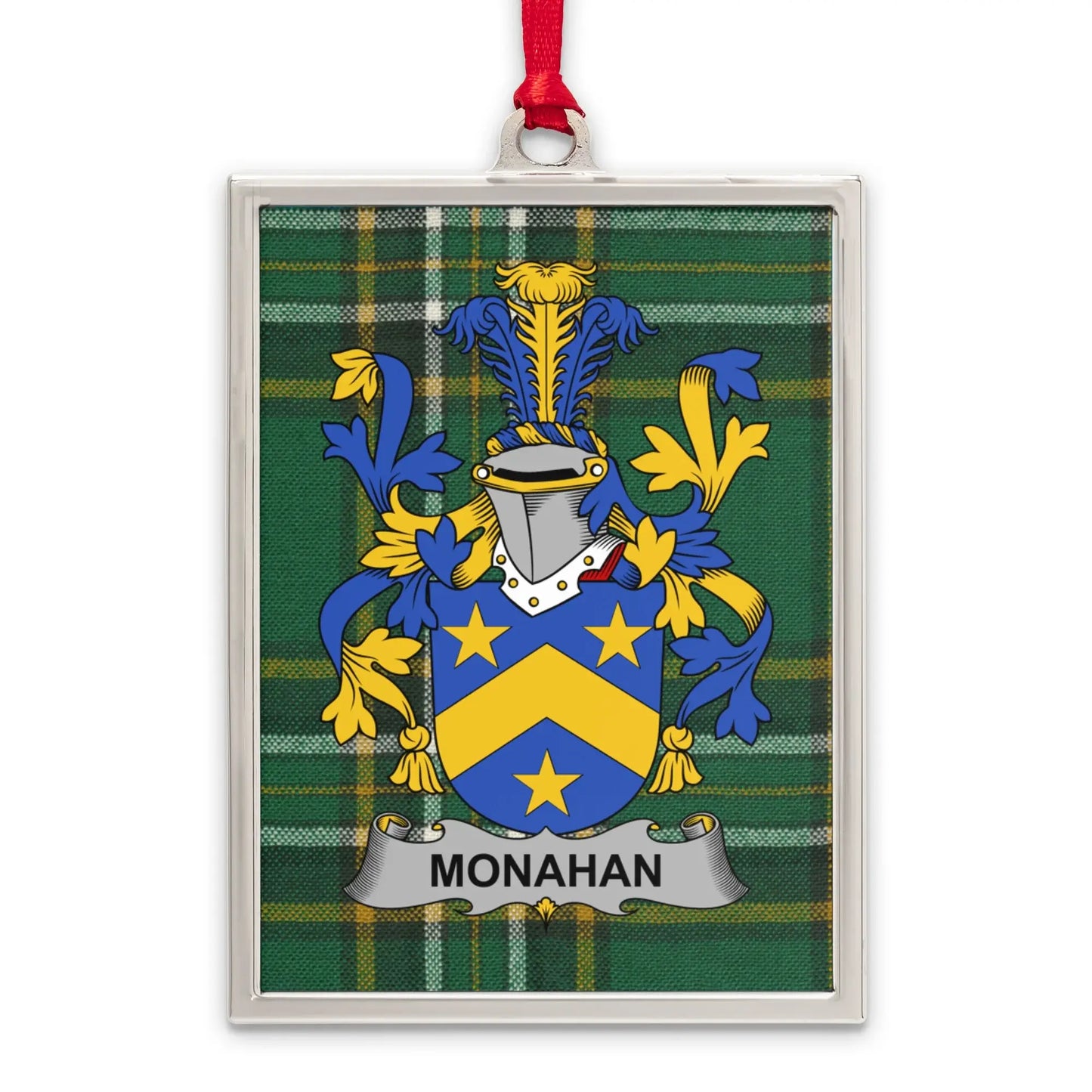 Monahan Family Crest on Plaid Background Metal product