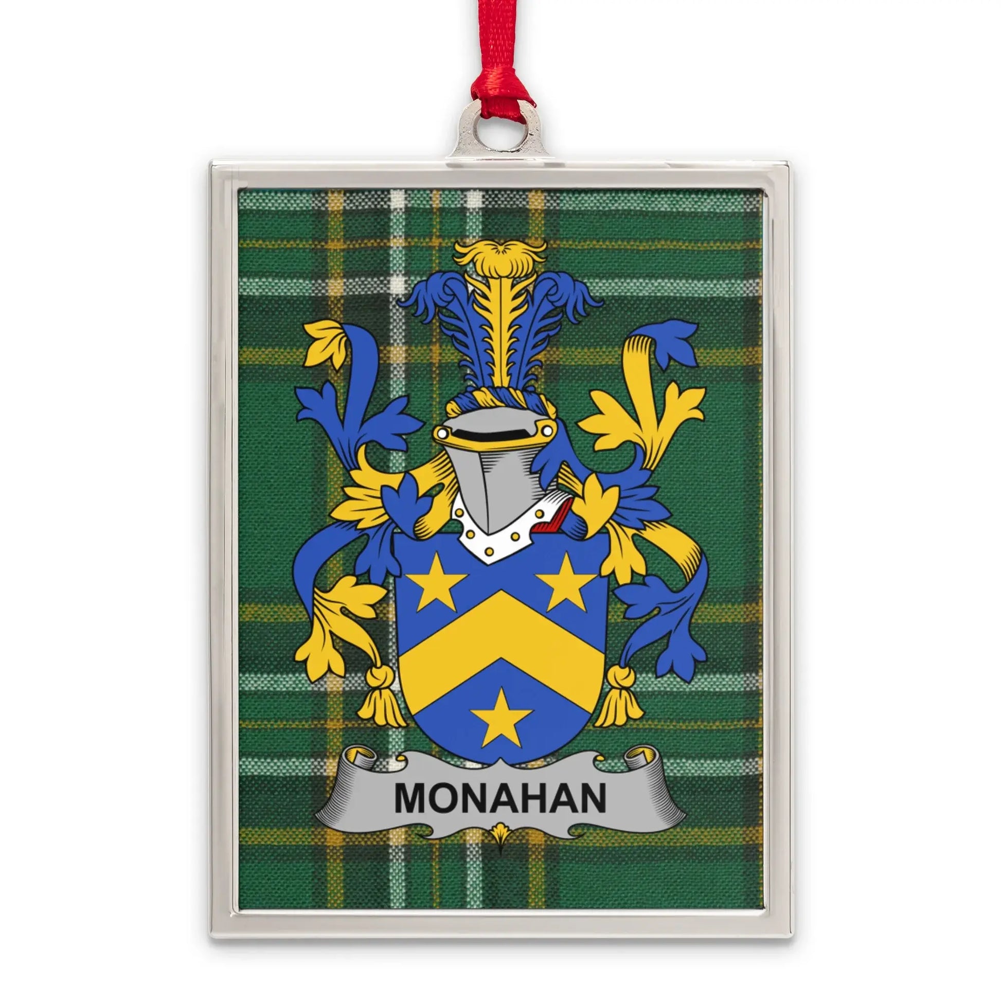 Monahan Family Crest on Plaid Background Metal product