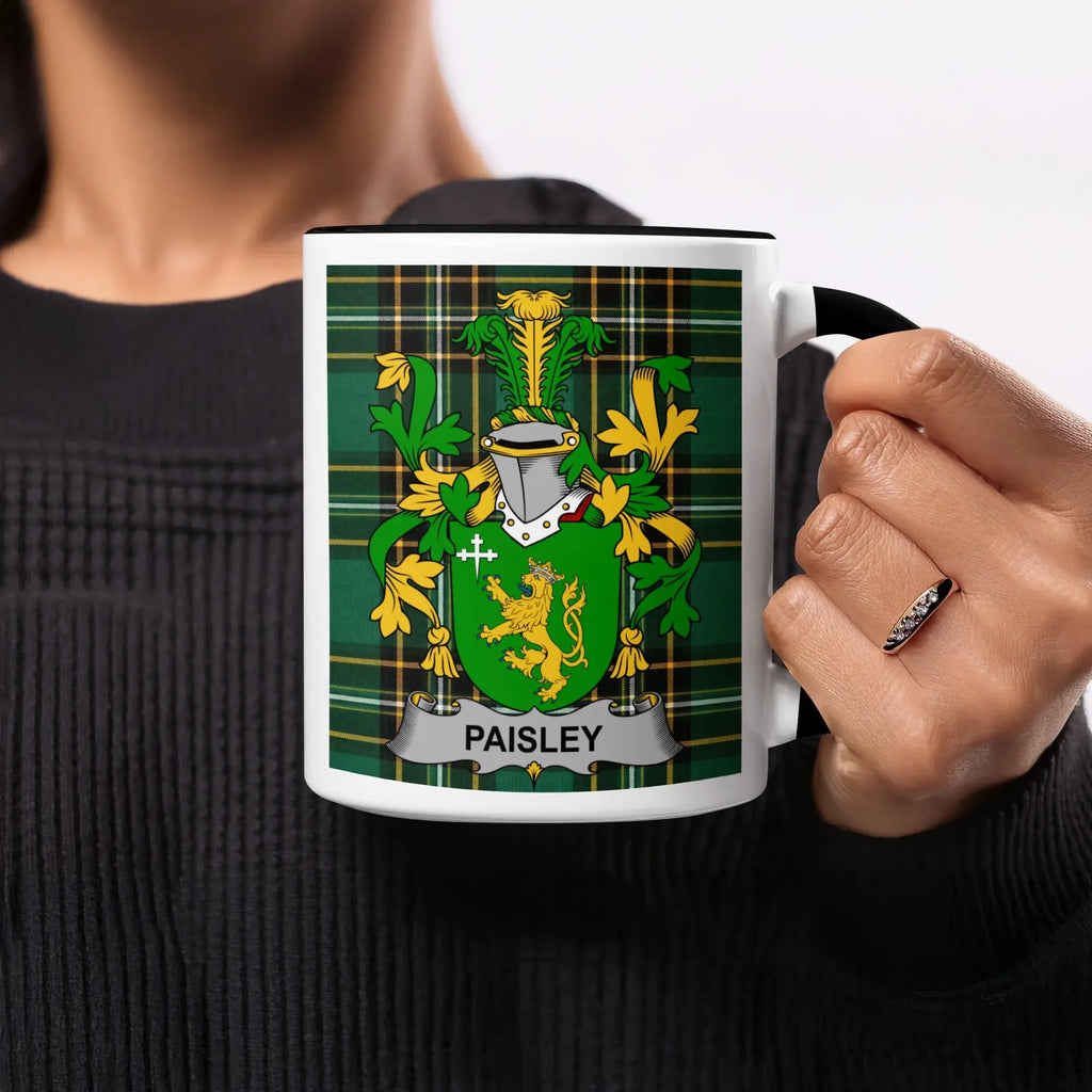 Mug with a green tartan pattern and a coat of arms labeled "Paisley".