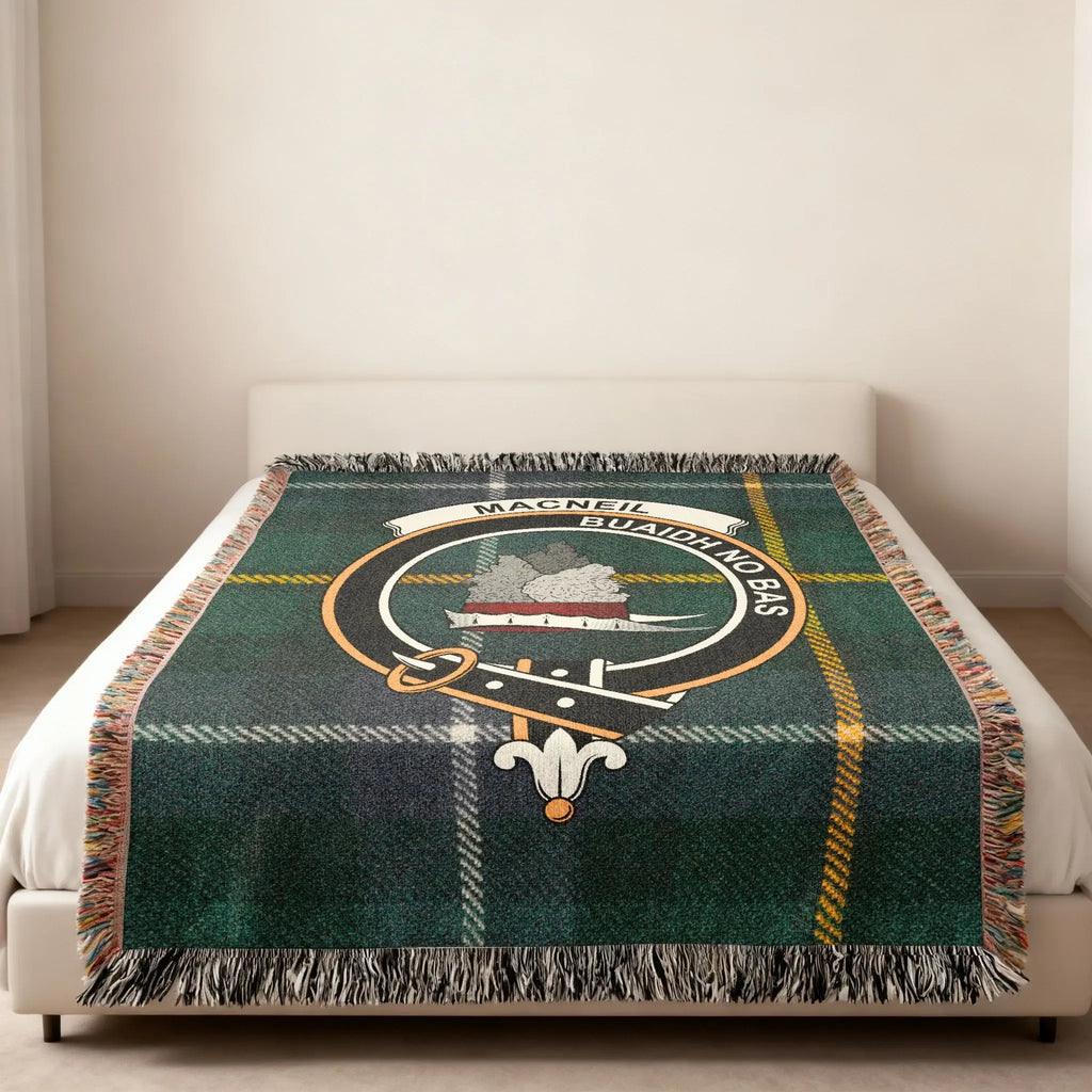 Clan MacNeil woven blanket folded — 60x50 inch cotton tartan throw with crest and motto
