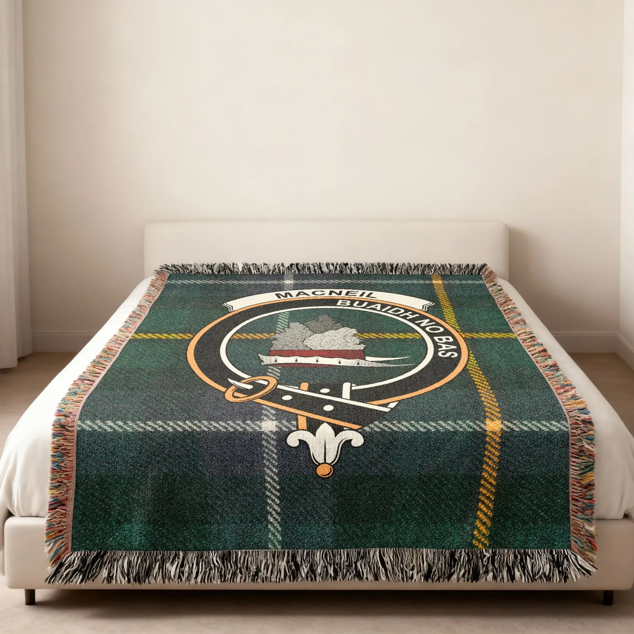 Clan MacNeil woven blanket folded — 60x50 inch cotton tartan throw with crest and motto