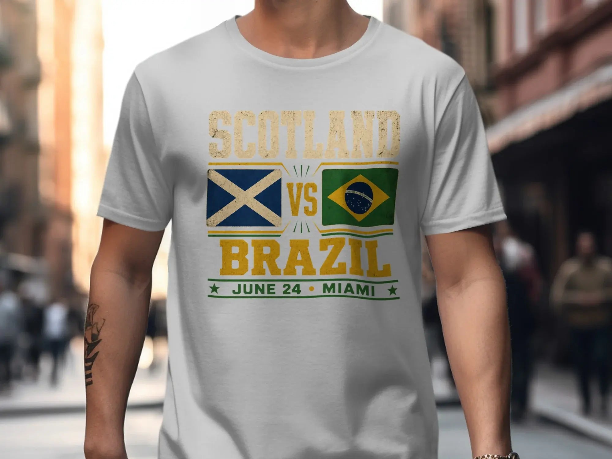 T-shirt with Scotland vs Brazil flags, June 24, Miami text.