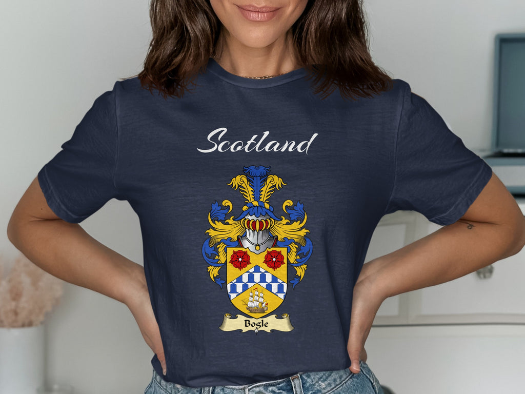 Bogle Scottish family shield design on Navy T-shirt