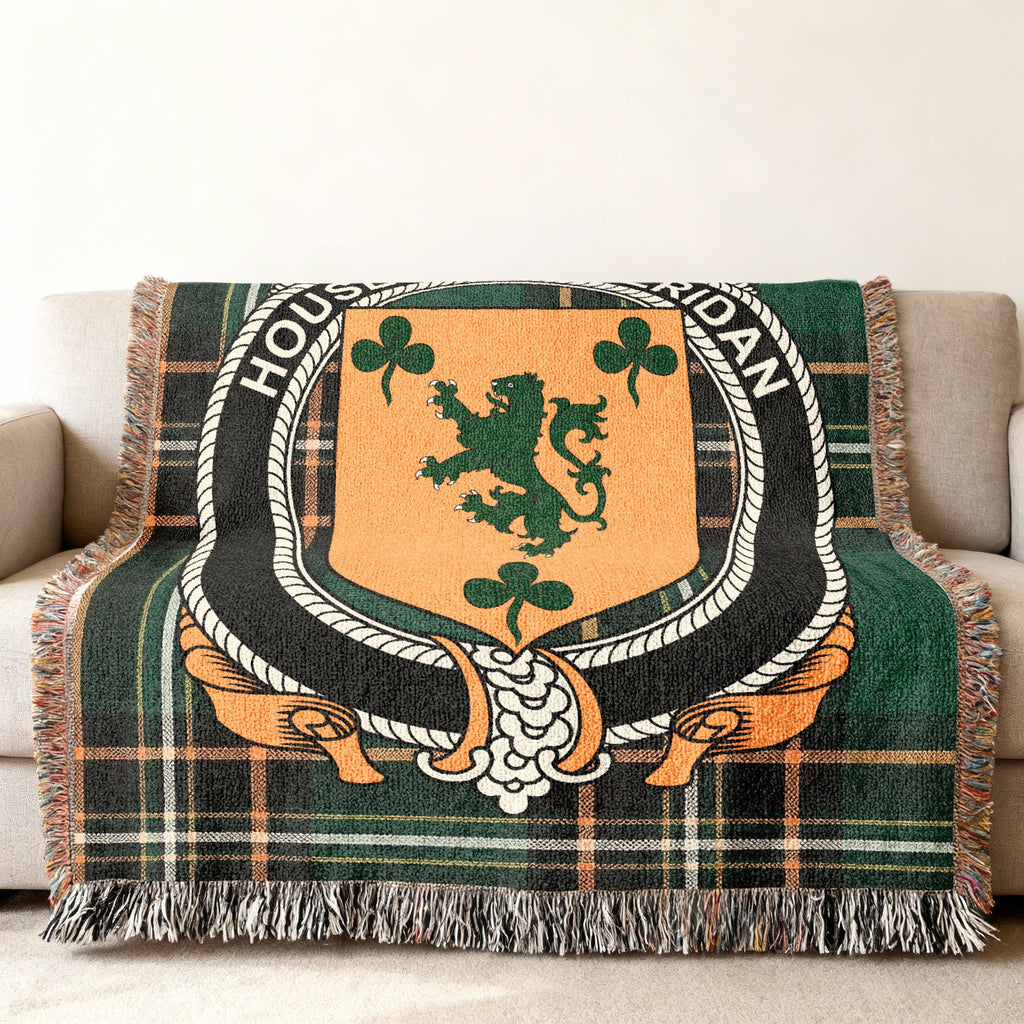 O'Sheridan Irish National Tartan woven blanket displayed on a sofa