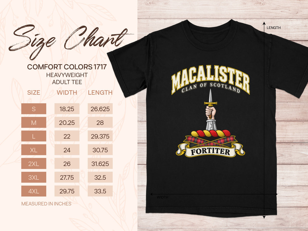Comfort Colors 1717 size chart for the MacAlister Scottish clan T-shirt, adult sizes S–4XL.