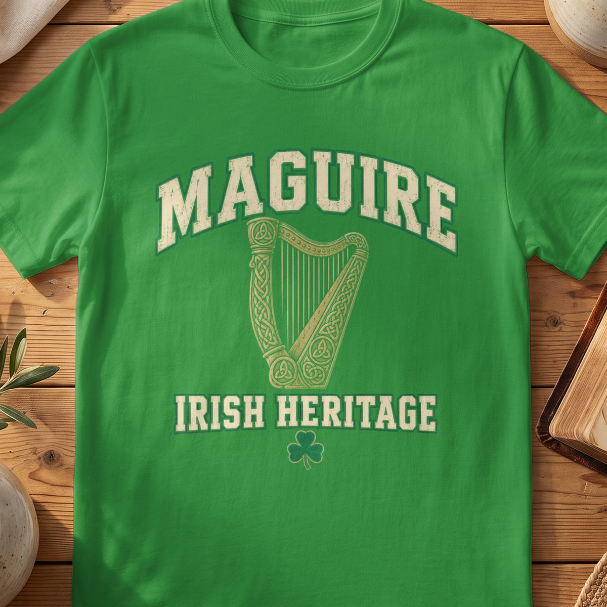 Maguire Irish Heritage green Gildan 64000 T-shirt with Celtic harp design
