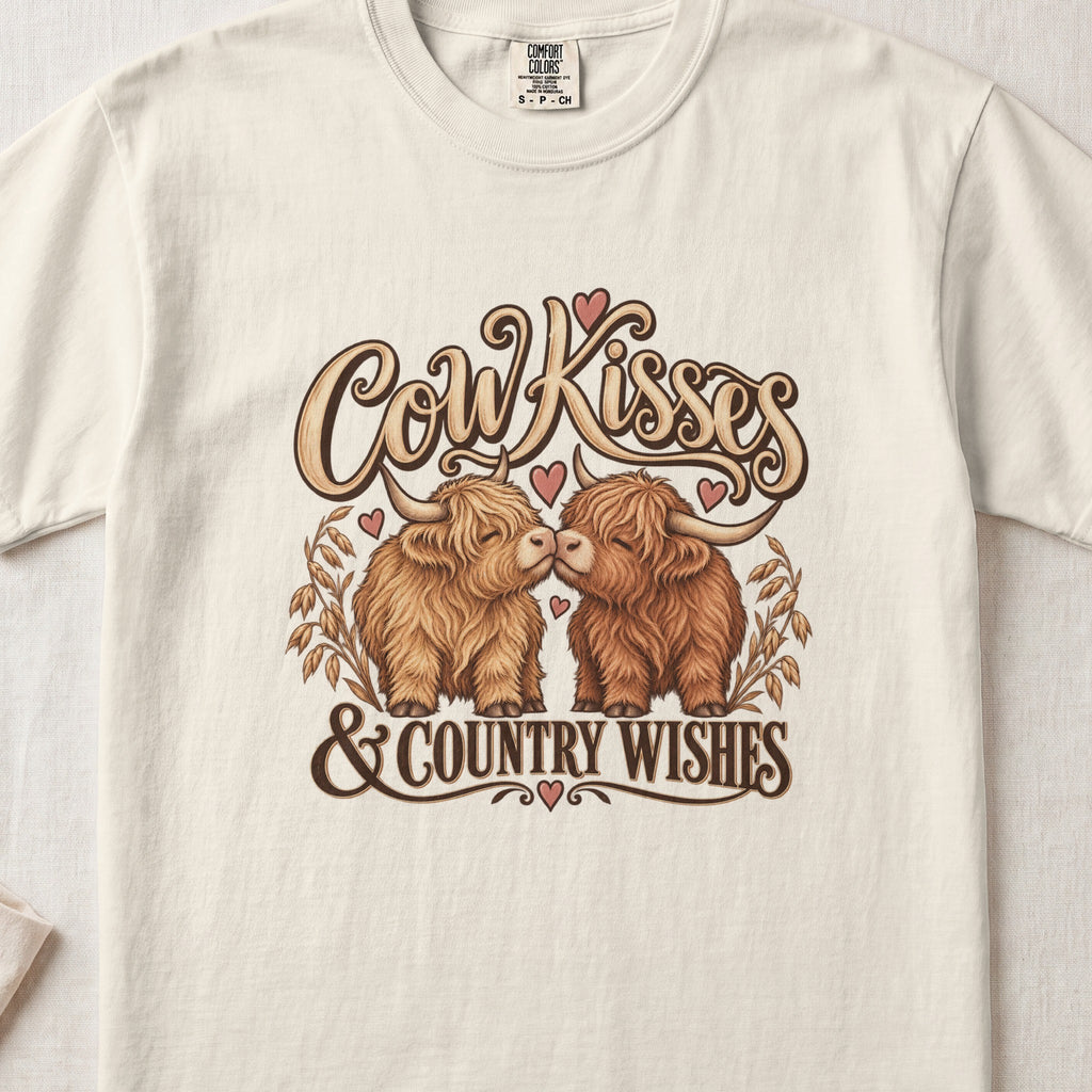 Cow Kisses & Country Wishes Highland cow design on an Ivory Comfort Colors 1717 T-shirt, flat lay