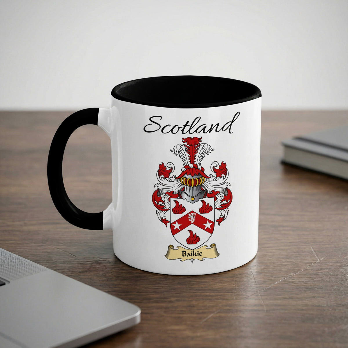 Baikie Scottish family crest accent mug with Scotland lettering and coat of arms artwork