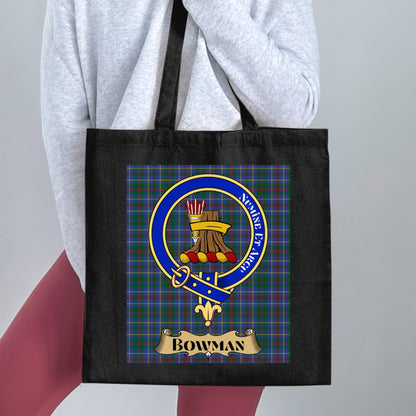 Bowman Clan Crest on Tartan Scottish Tote Bag - Living Stone Gifts