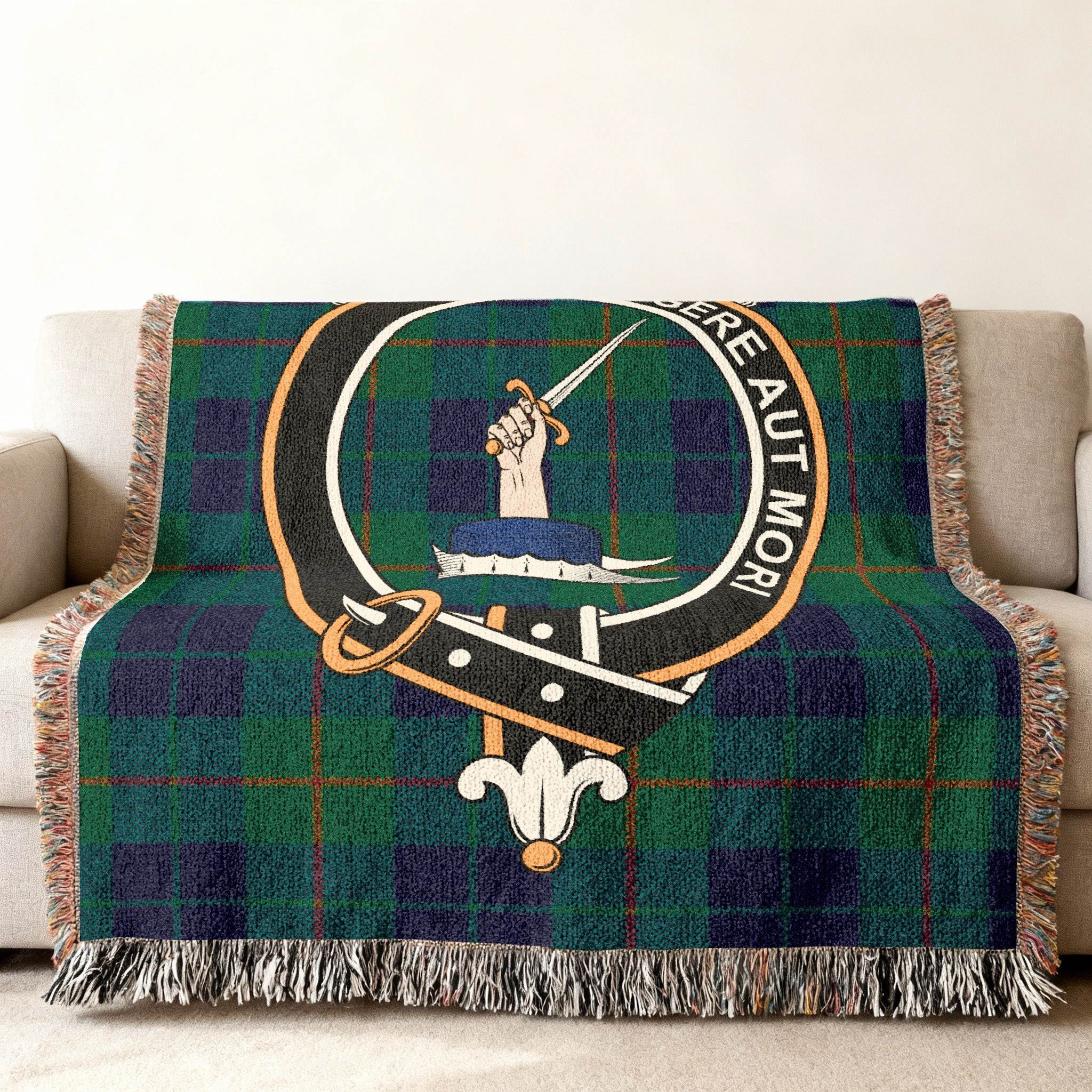 Barclay clan crest woven blanket in green and blue tartan — 100% cotton, 80x60 size