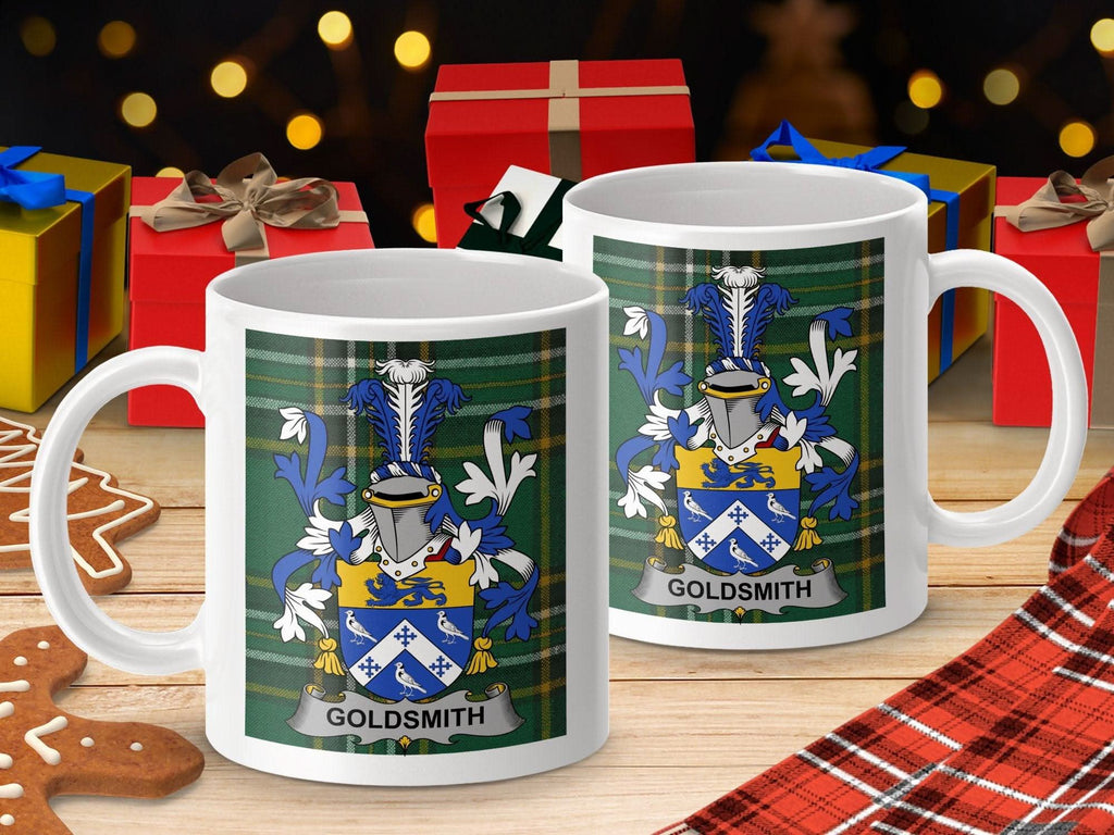 Goldsmith Surname Family Crest on Irish Tartan Mug - Celtic Ancestry Gifts