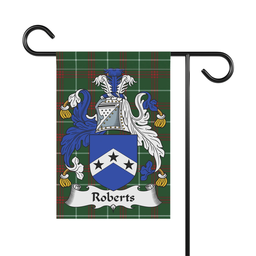 Roberts family crest on a tartan plaid garden flag.