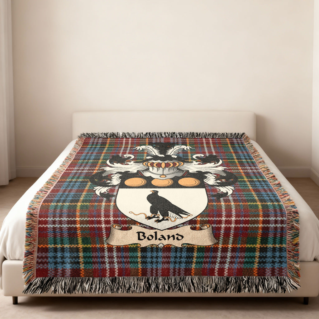 Boland Caledonia tartan heritage woven throw blanket with family shield