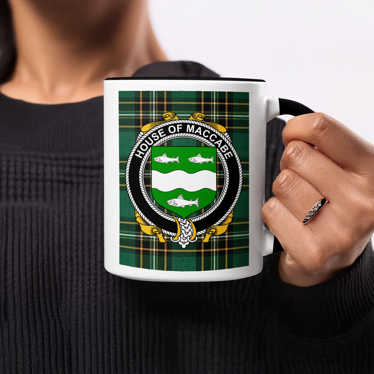 MacCabe Irish heritage ceramic mug showing tartan and surname emblem