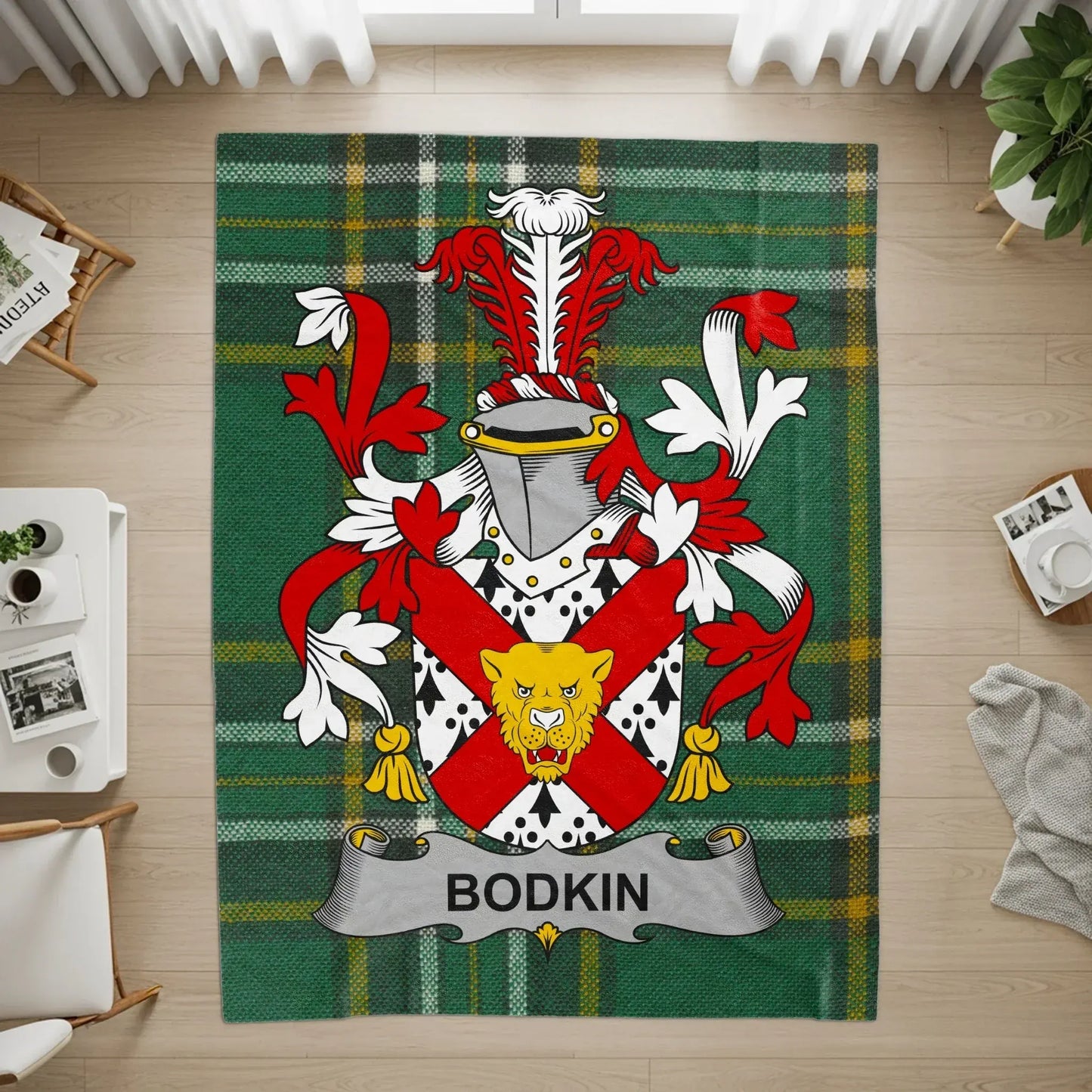 Bodkin Family Crest Green Plaid Background Rug product