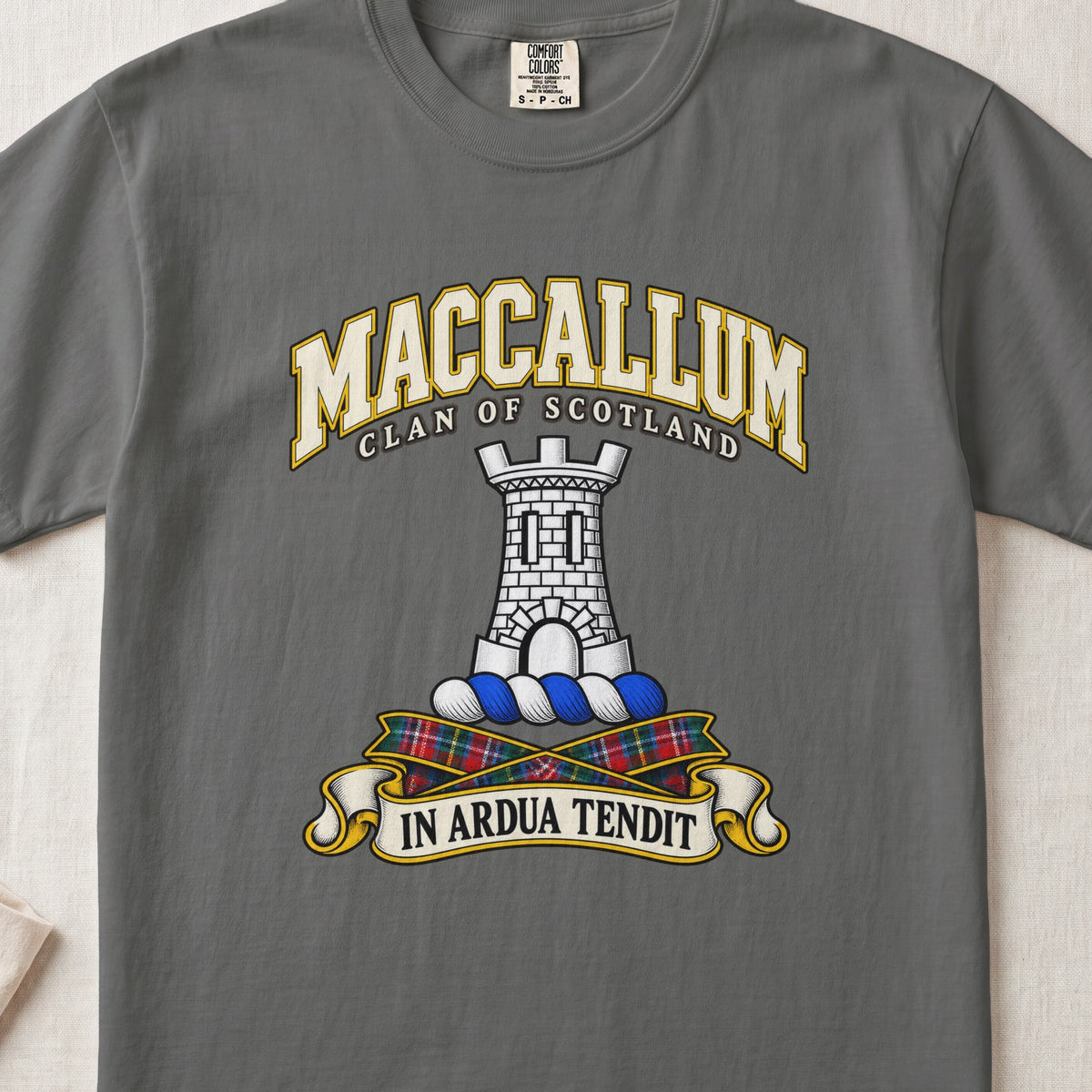 MacCallum Scottish clan T-shirt in Pepper, front view with a silver stone tower and motto design.