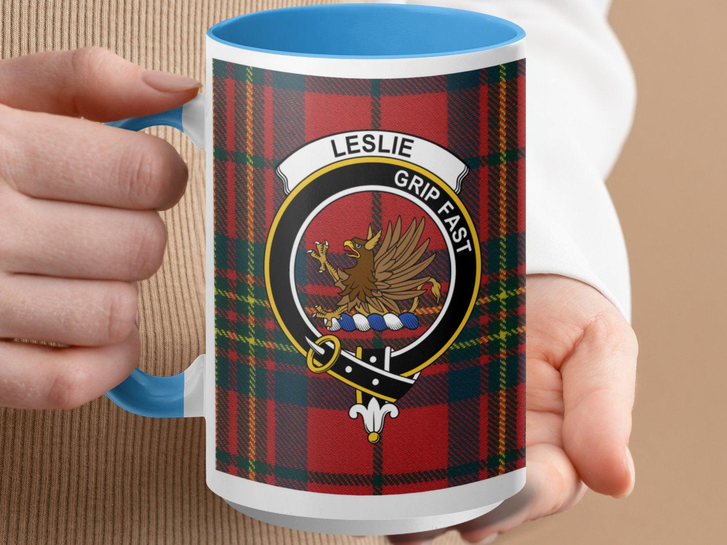 Leslie Crest on Scottish Tartan Plaid with Clan Motto Mug - Living Stone Gifts