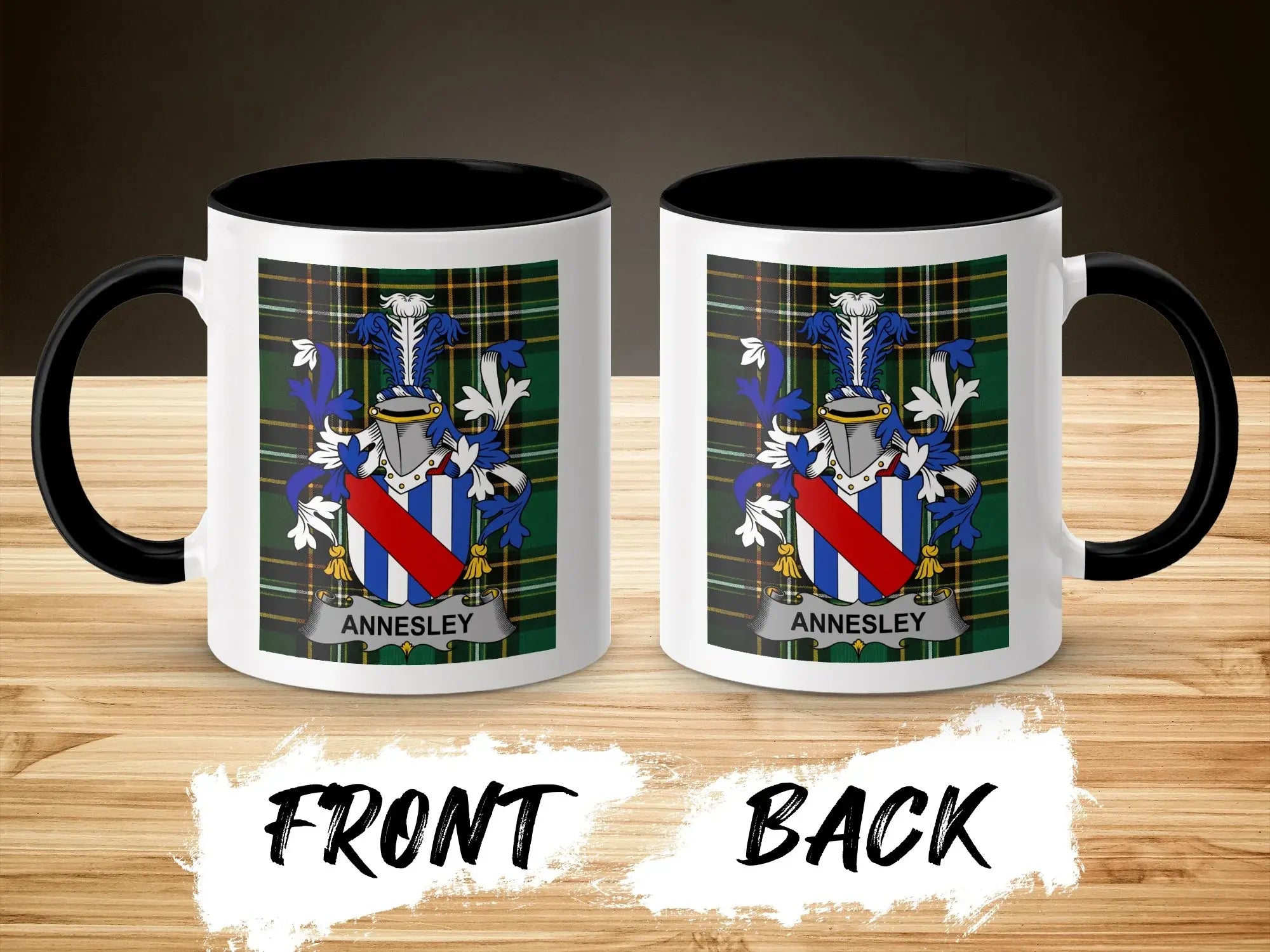 Annesley coat of arms on a black and white mug, front and back views.