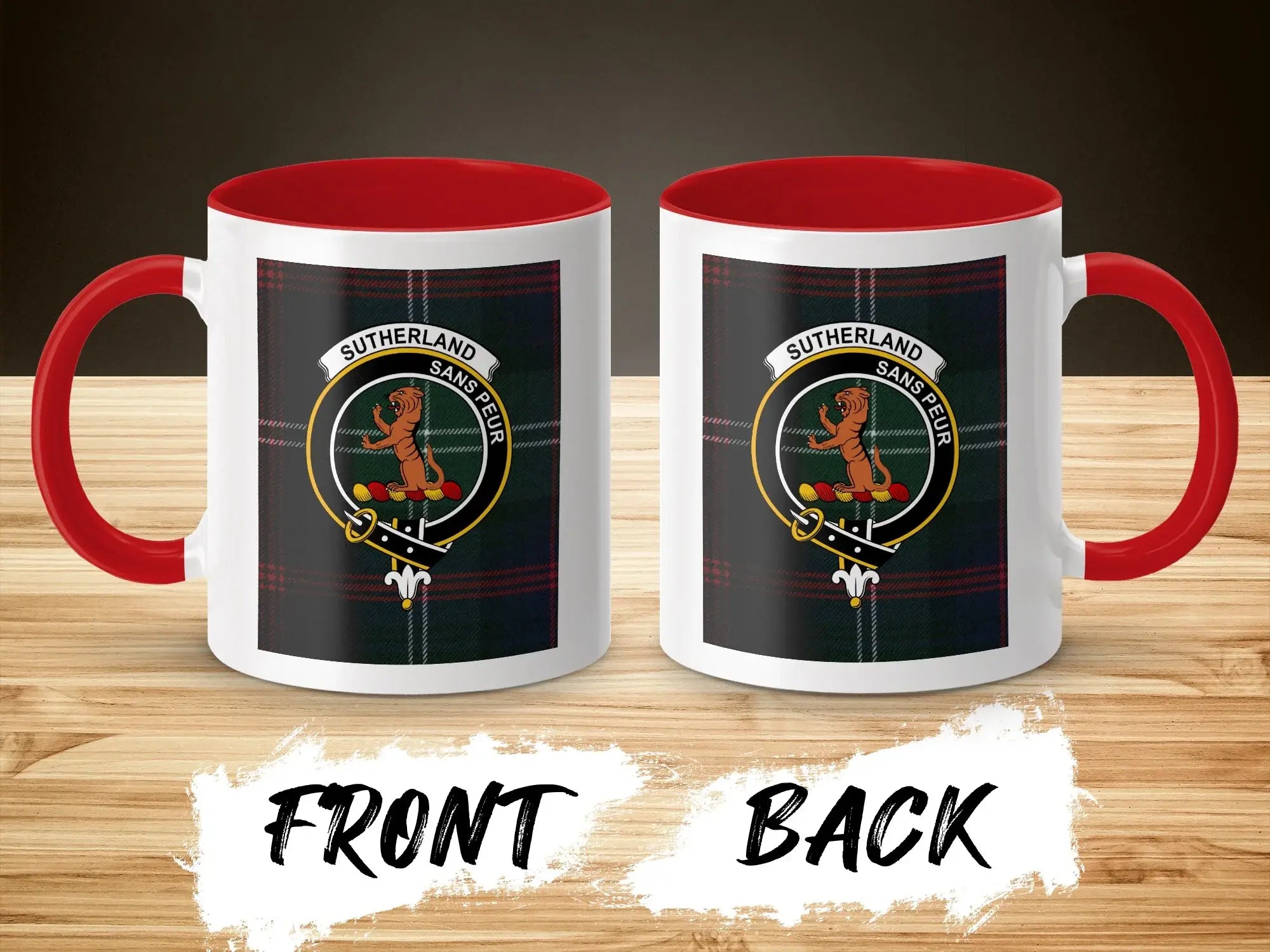 Clan Sutherland sans peur wild cat crest mug front and back — 11oz and 15oz